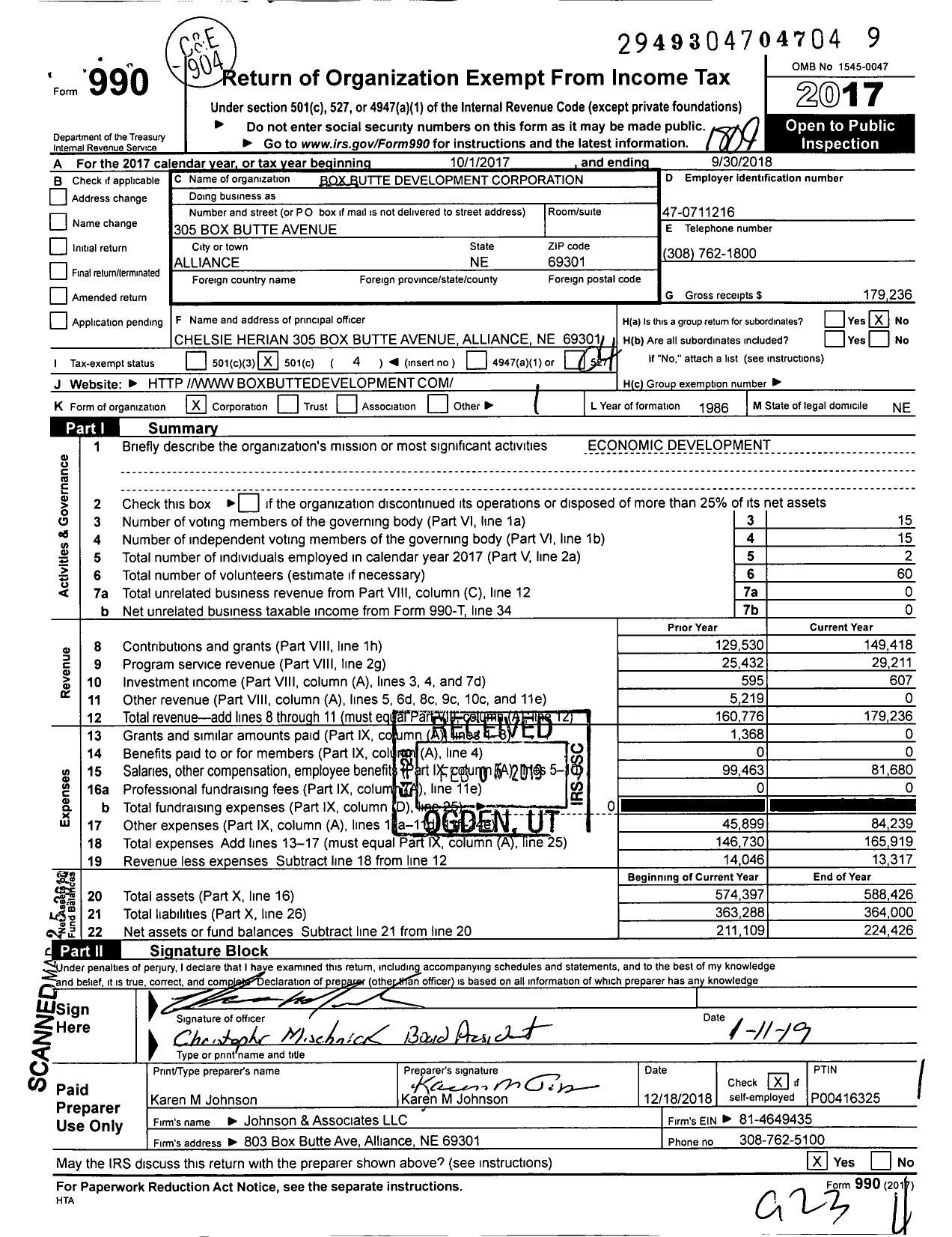Image of first page of 2017 Form 990O for Box Butte Development Corporation