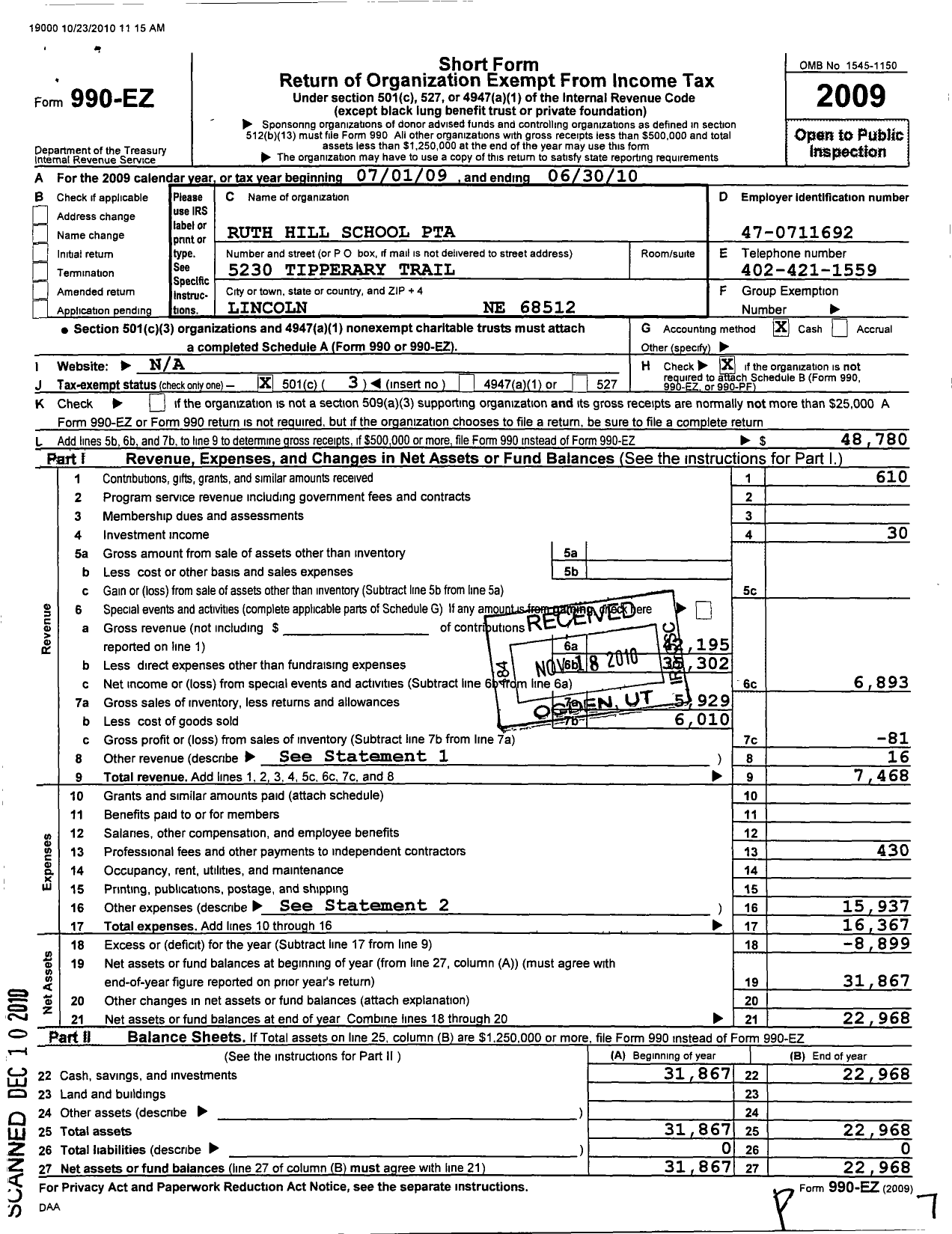 Image of first page of 2009 Form 990EZ for Nebraska Congress of Parents and Teachers / Ruth Hill PTA