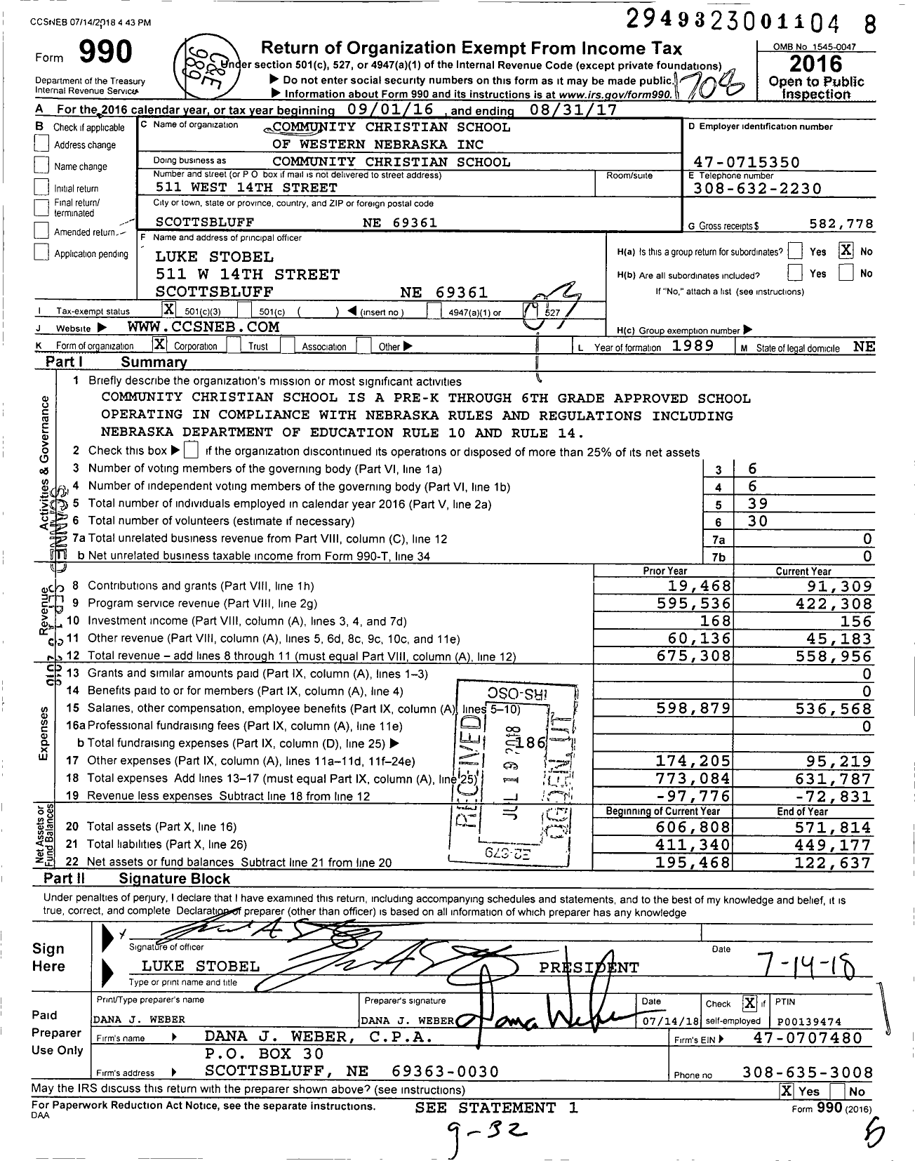 Image of first page of 2016 Form 990 for Community Christian School