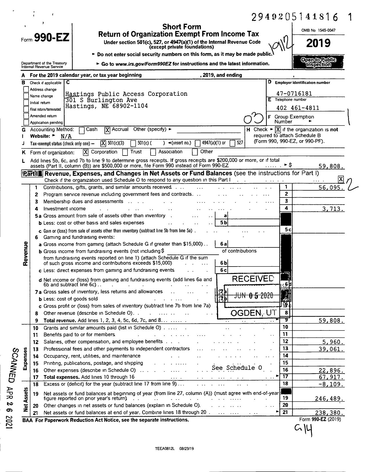 Image of first page of 2019 Form 990EZ for Hastings Public Access Corporation