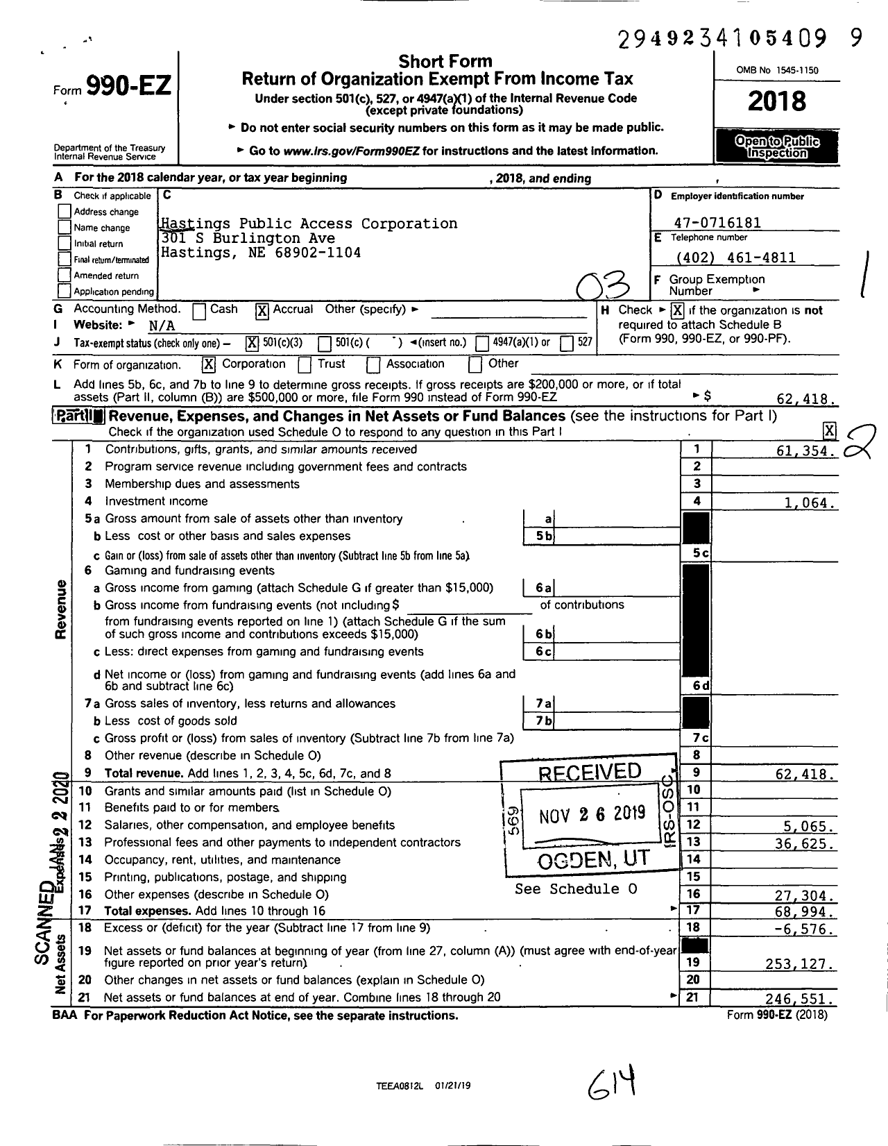 Image of first page of 2018 Form 990EZ for Hastings Public Access Corporation