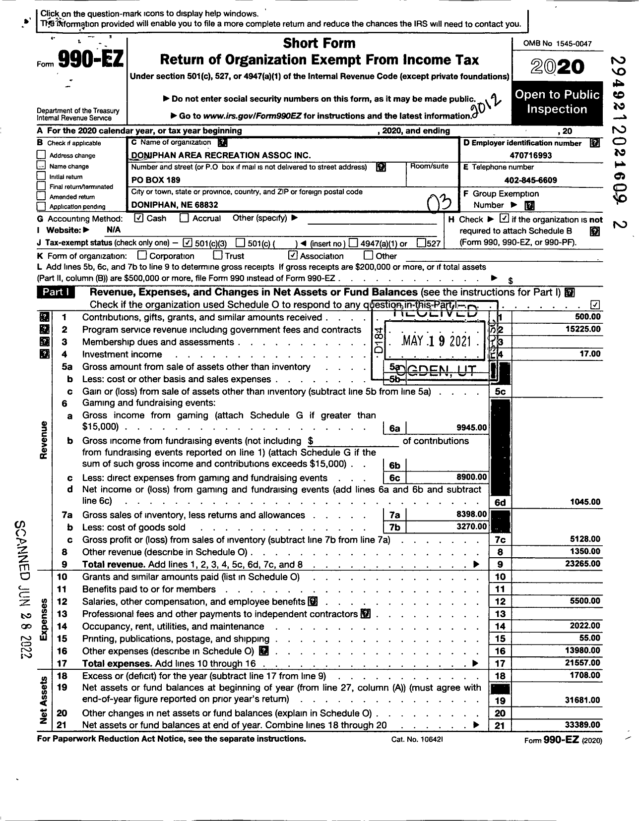 Image of first page of 2020 Form 990EZ for Doniphan Area Recreation Association