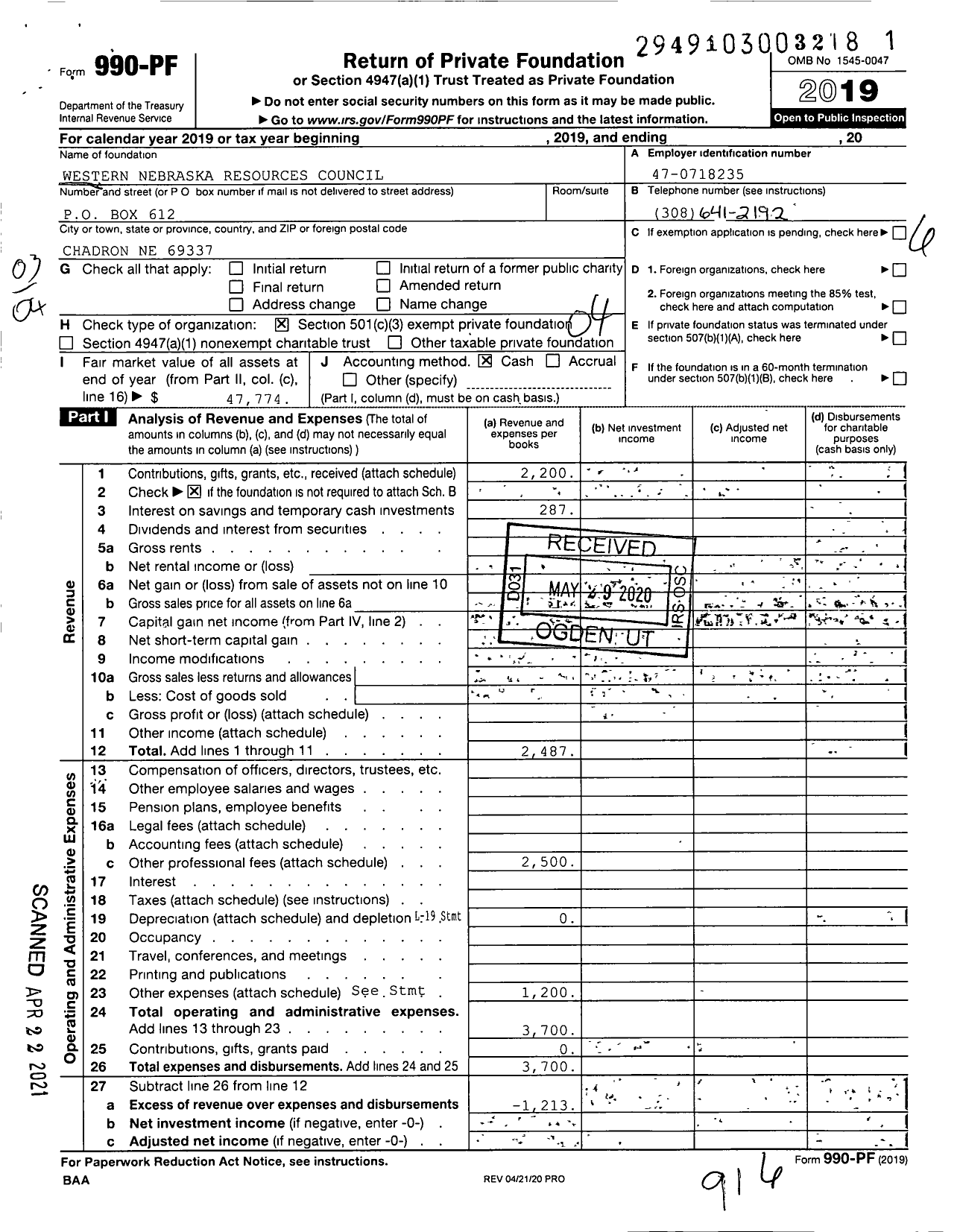 Image of first page of 2019 Form 990PF for Western Nebraska Resources Council