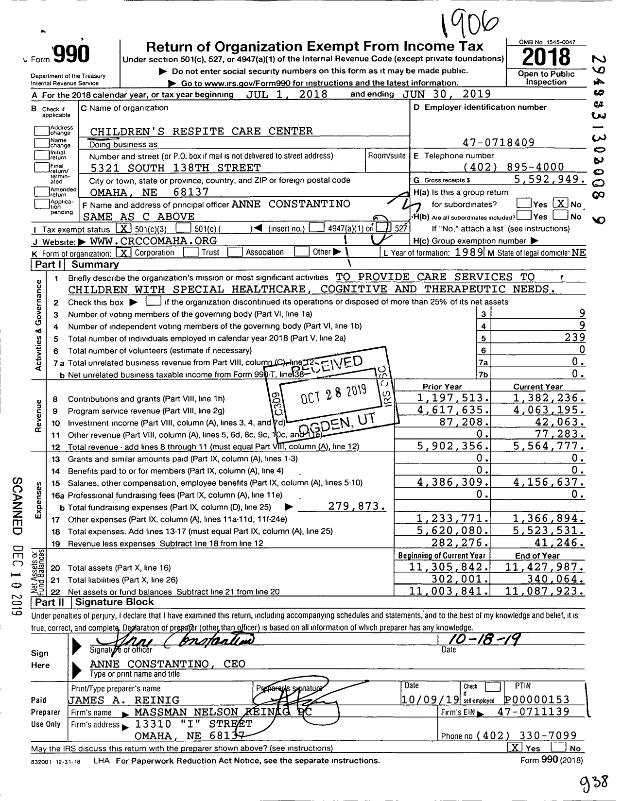 Image of first page of 2018 Form 990 for Children's Respite Care Center