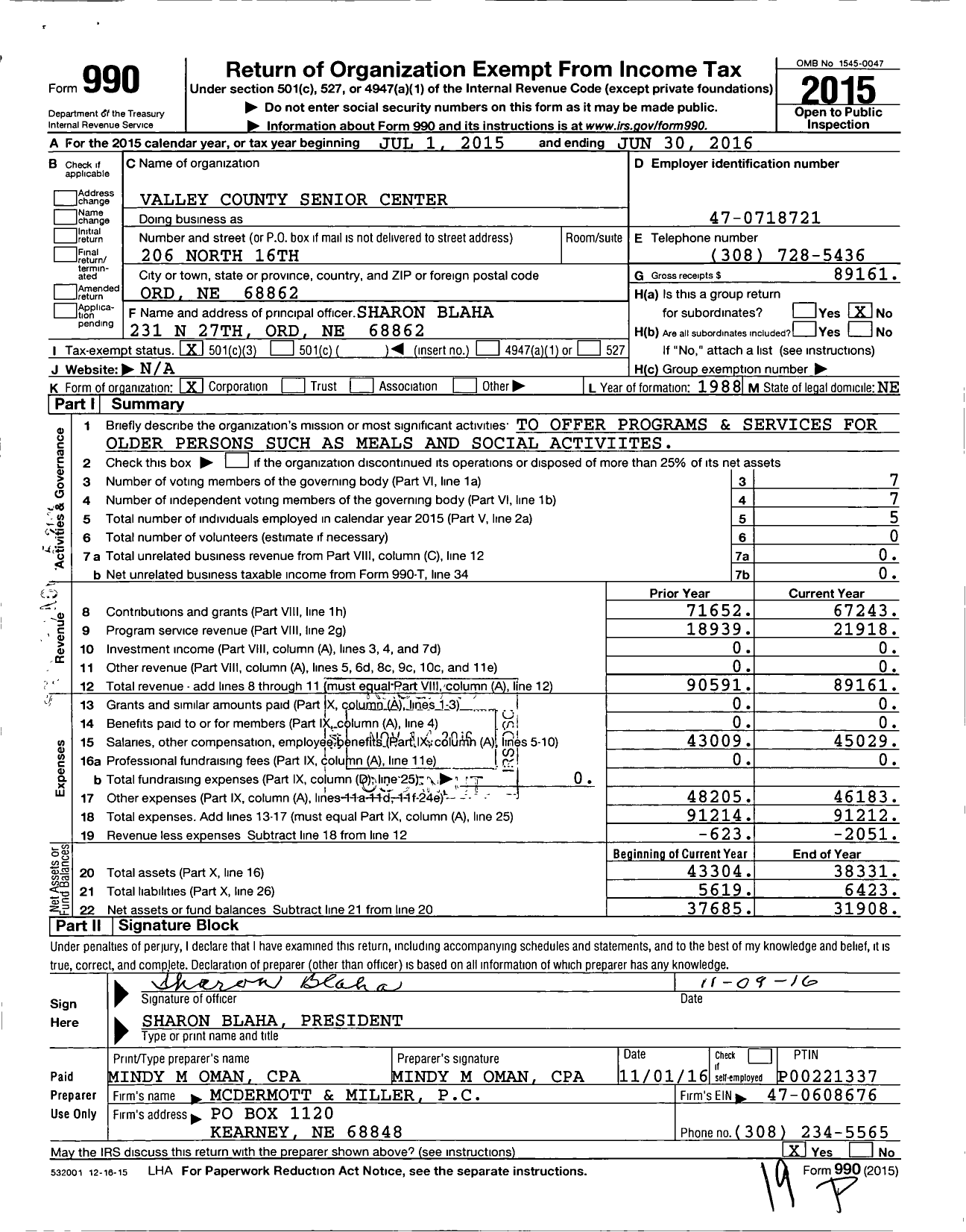 Image of first page of 2015 Form 990 for VALLEY CouNTY SENIOR CENTER