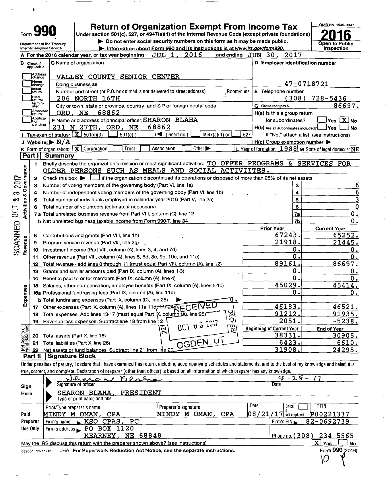 Image of first page of 2016 Form 990 for VALLEY CouNTY SENIOR CENTER