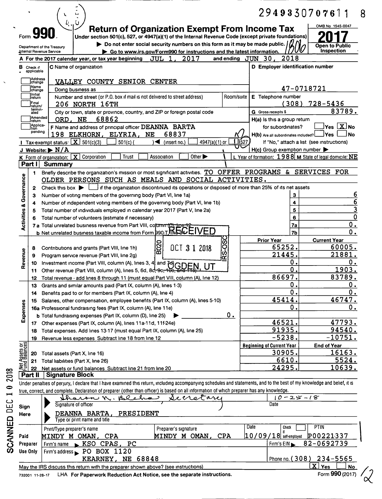 Image of first page of 2017 Form 990 for VALLEY CouNTY SENIOR CENTER
