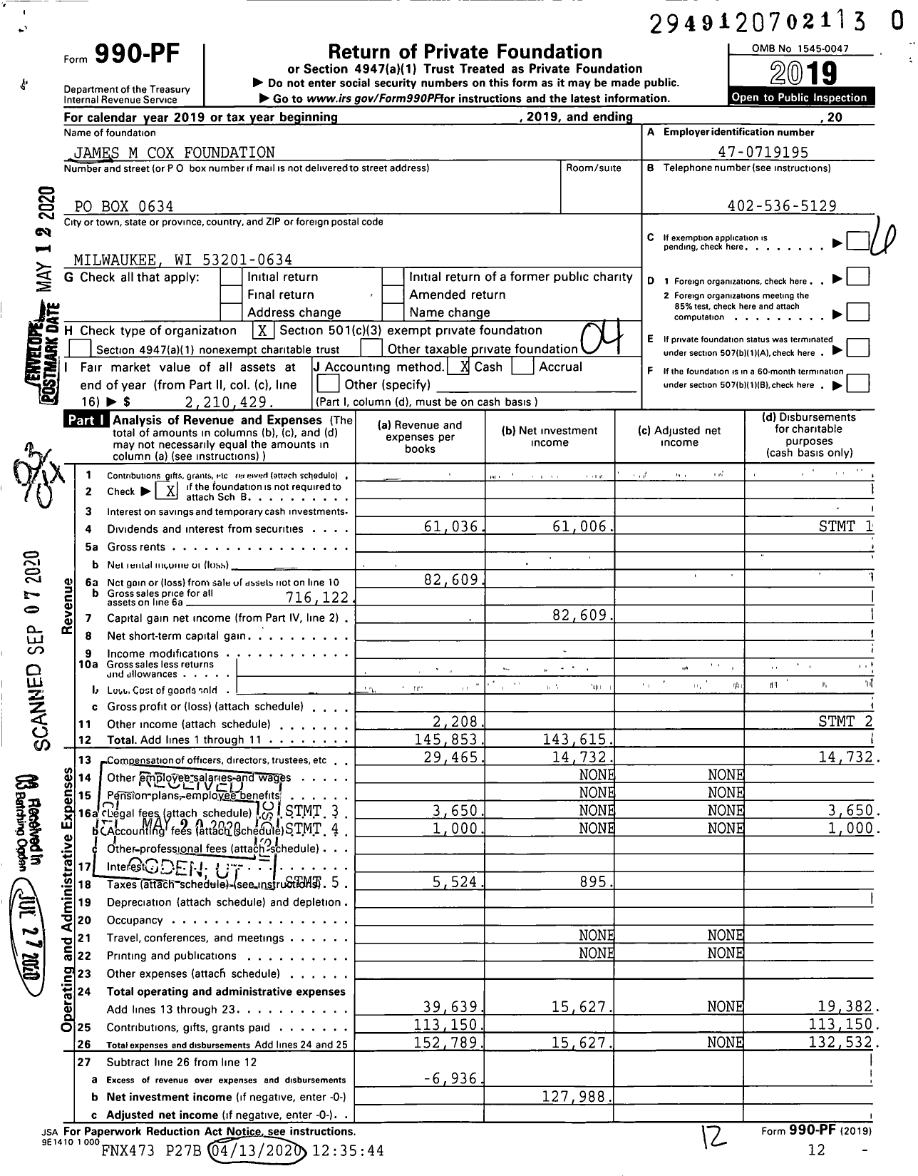 Image of first page of 2019 Form 990PR for James M Cox Foundation