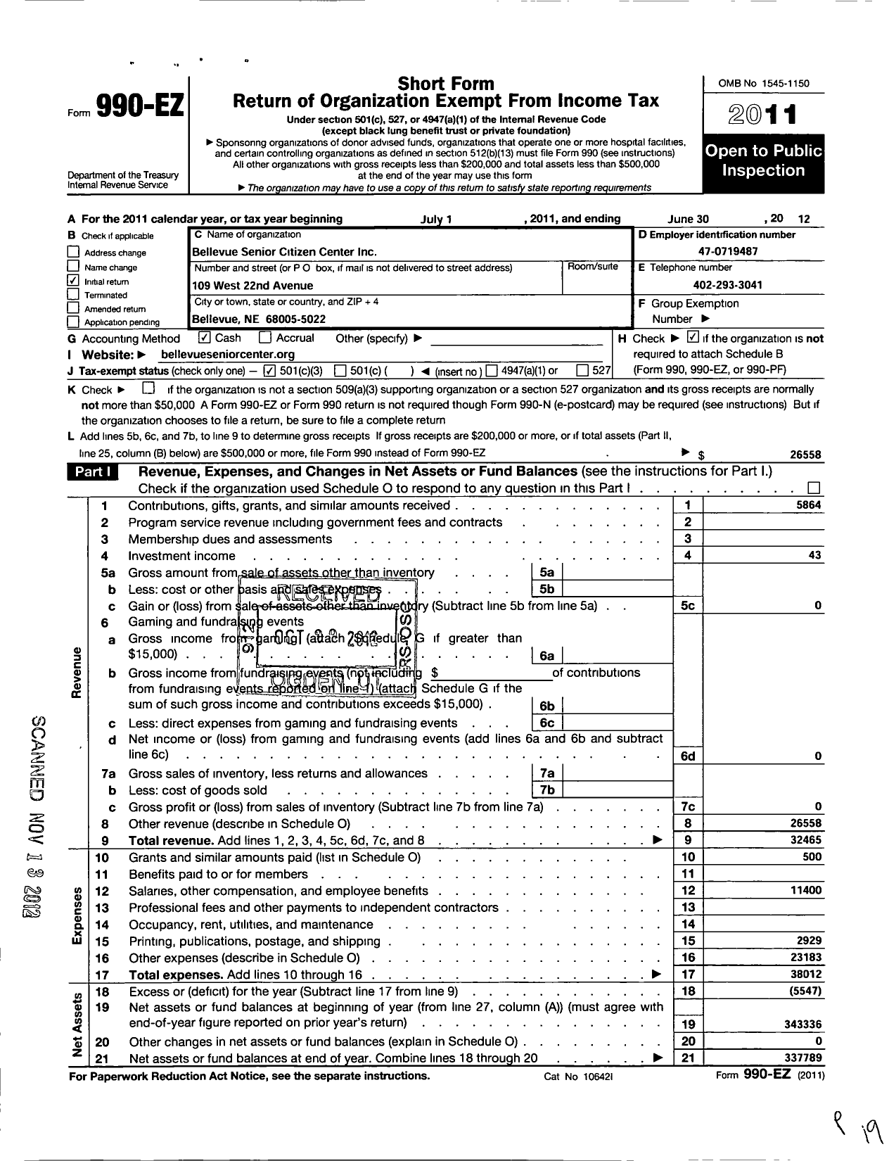 Image of first page of 2011 Form 990EZ for Bellevue Senior Citizens Center