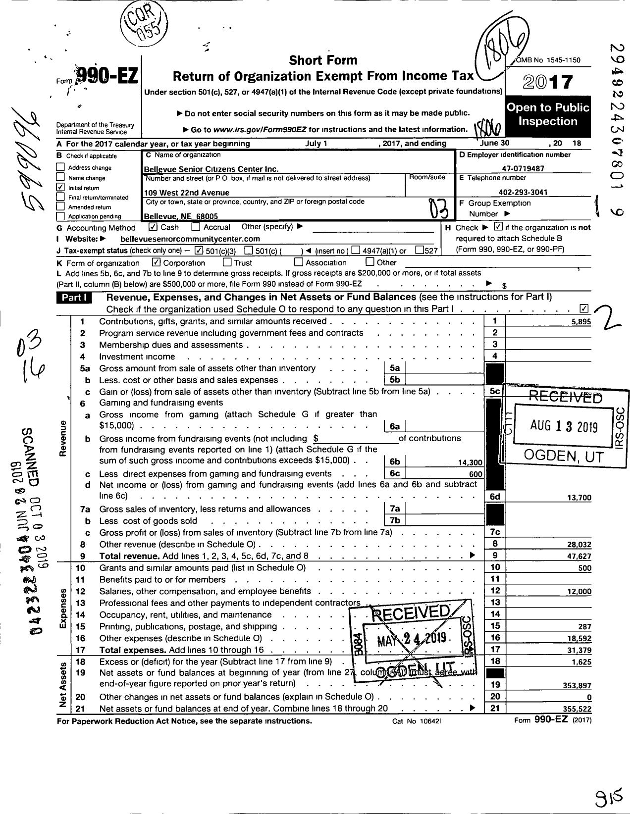 Image of first page of 2017 Form 990EZ for Bellevue Senior Citizens Center