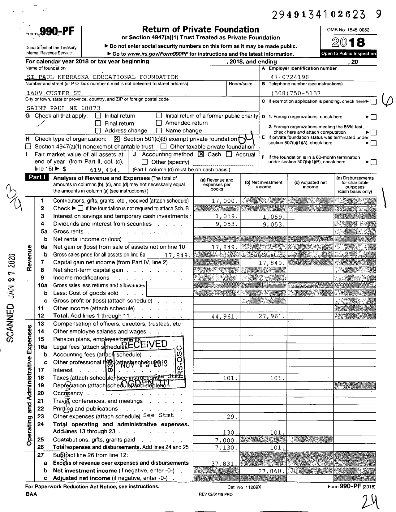 Image of first page of 2018 Form 990PF for St Paul Nebraska Educational Foundation
