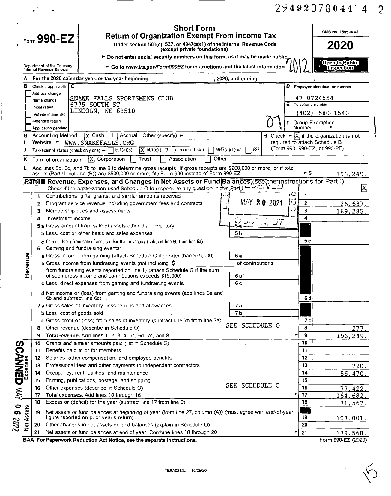 Image of first page of 2020 Form 990EO for Snake Falls Sportsmens Club