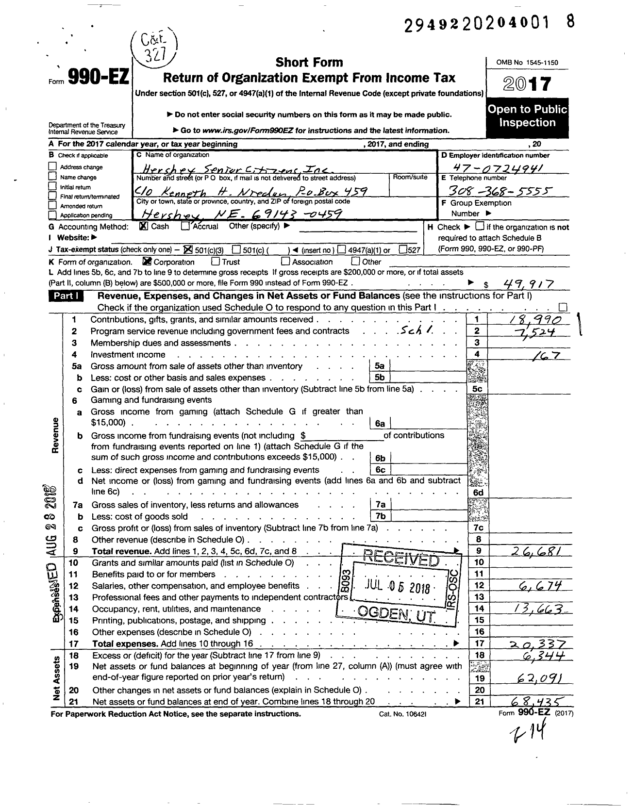 Image of first page of 2017 Form 990EZ for Hershey Senior Citizens