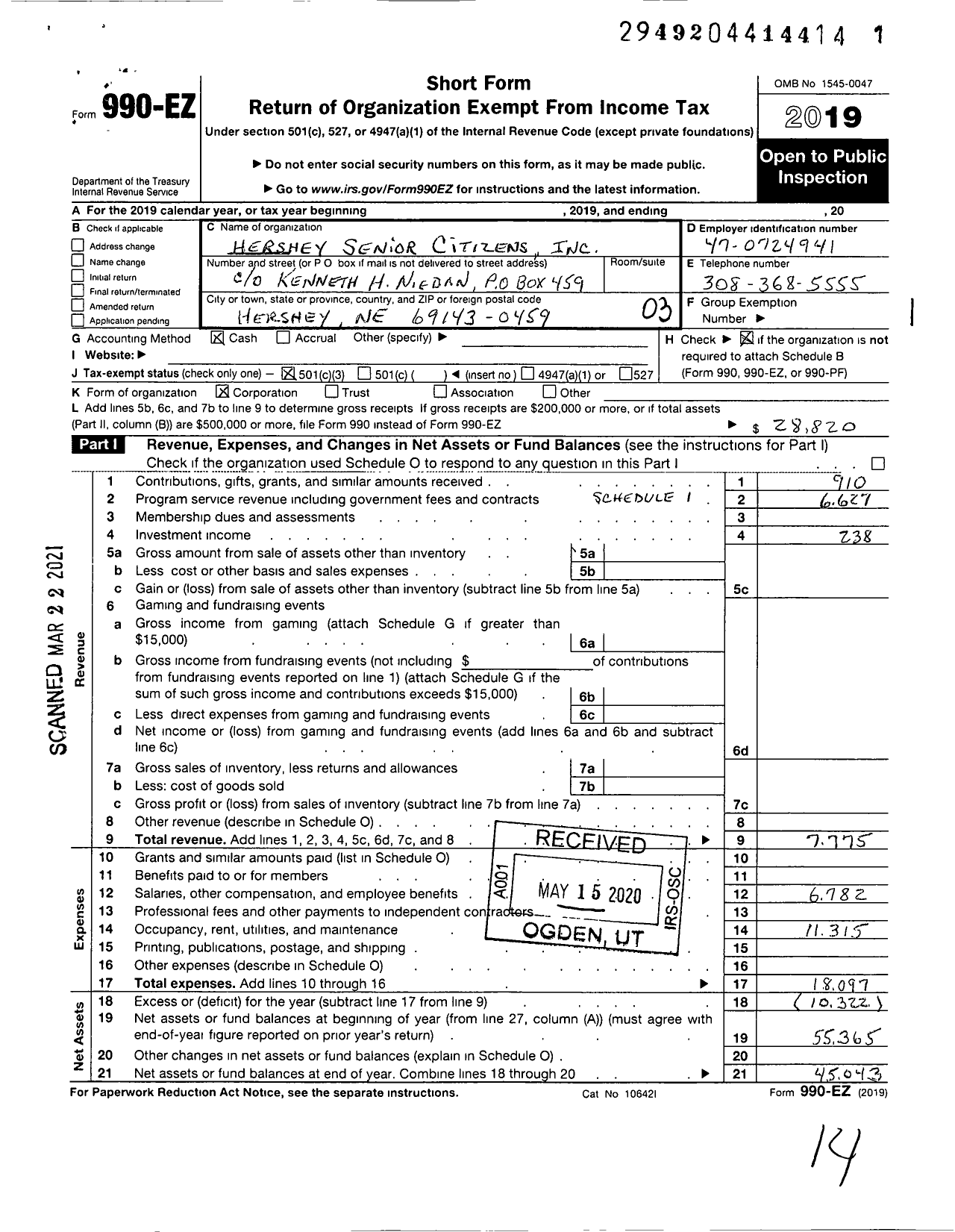 Image of first page of 2019 Form 990EZ for Hershey Senior Citizens
