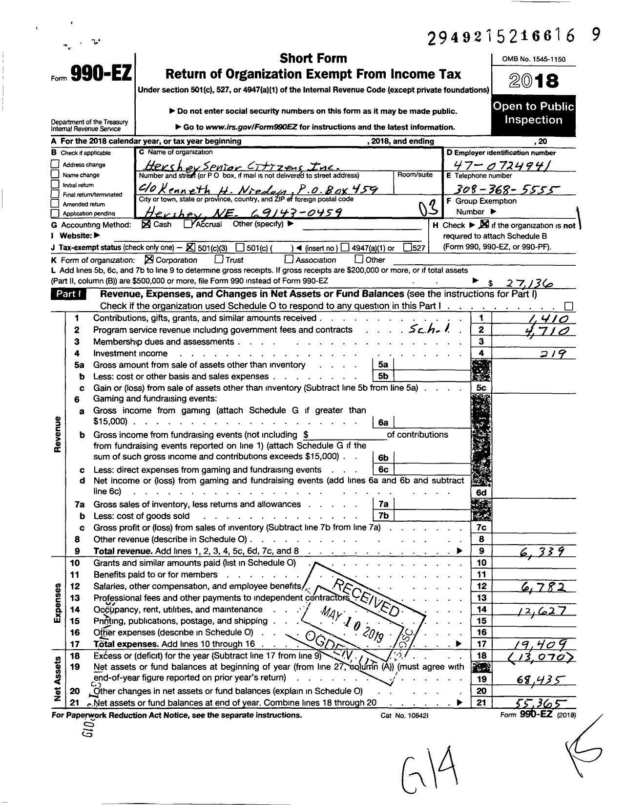 Image of first page of 2018 Form 990EZ for Hershey Senior Citizens