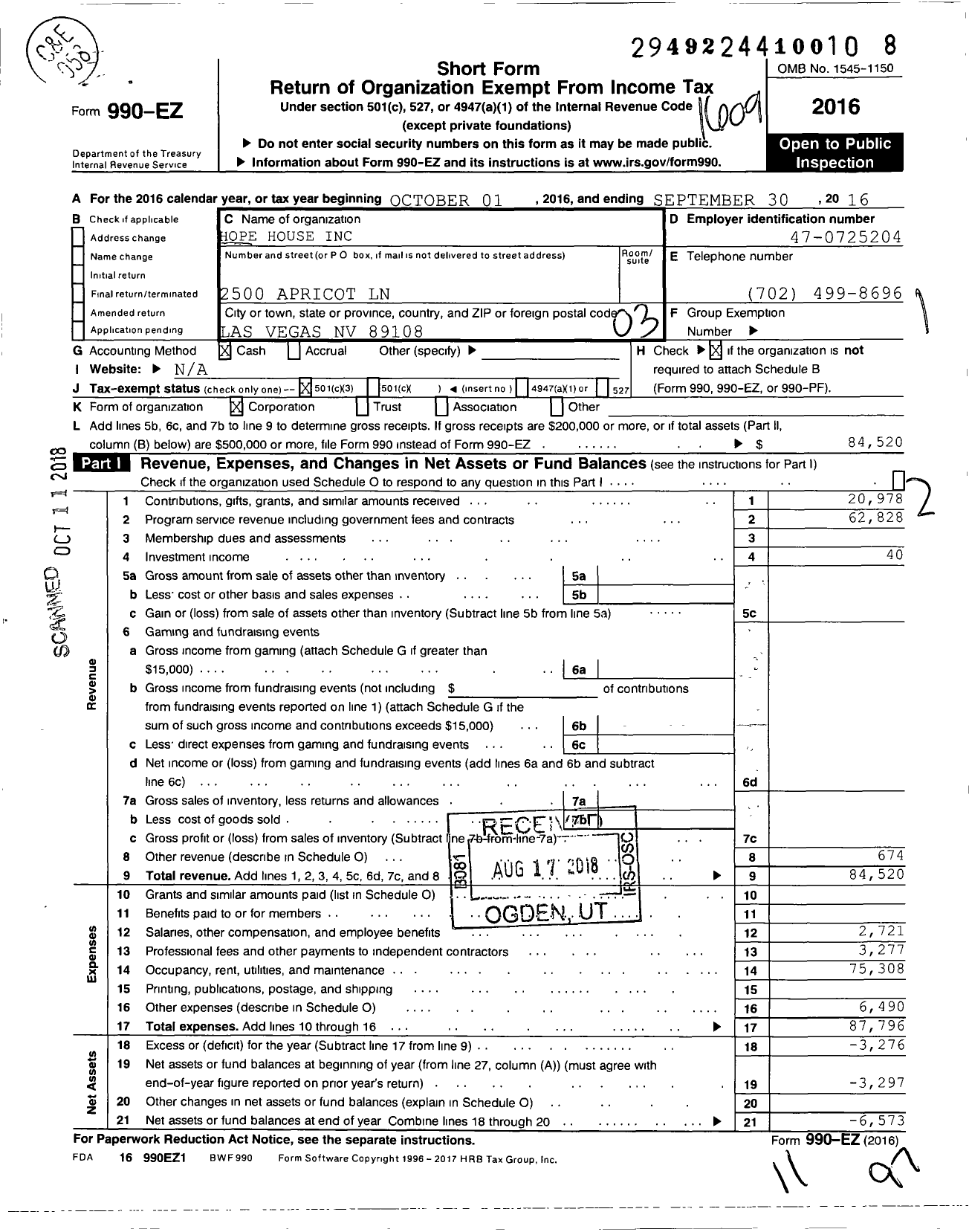 Image of first page of 2015 Form 990EZ for Hope House