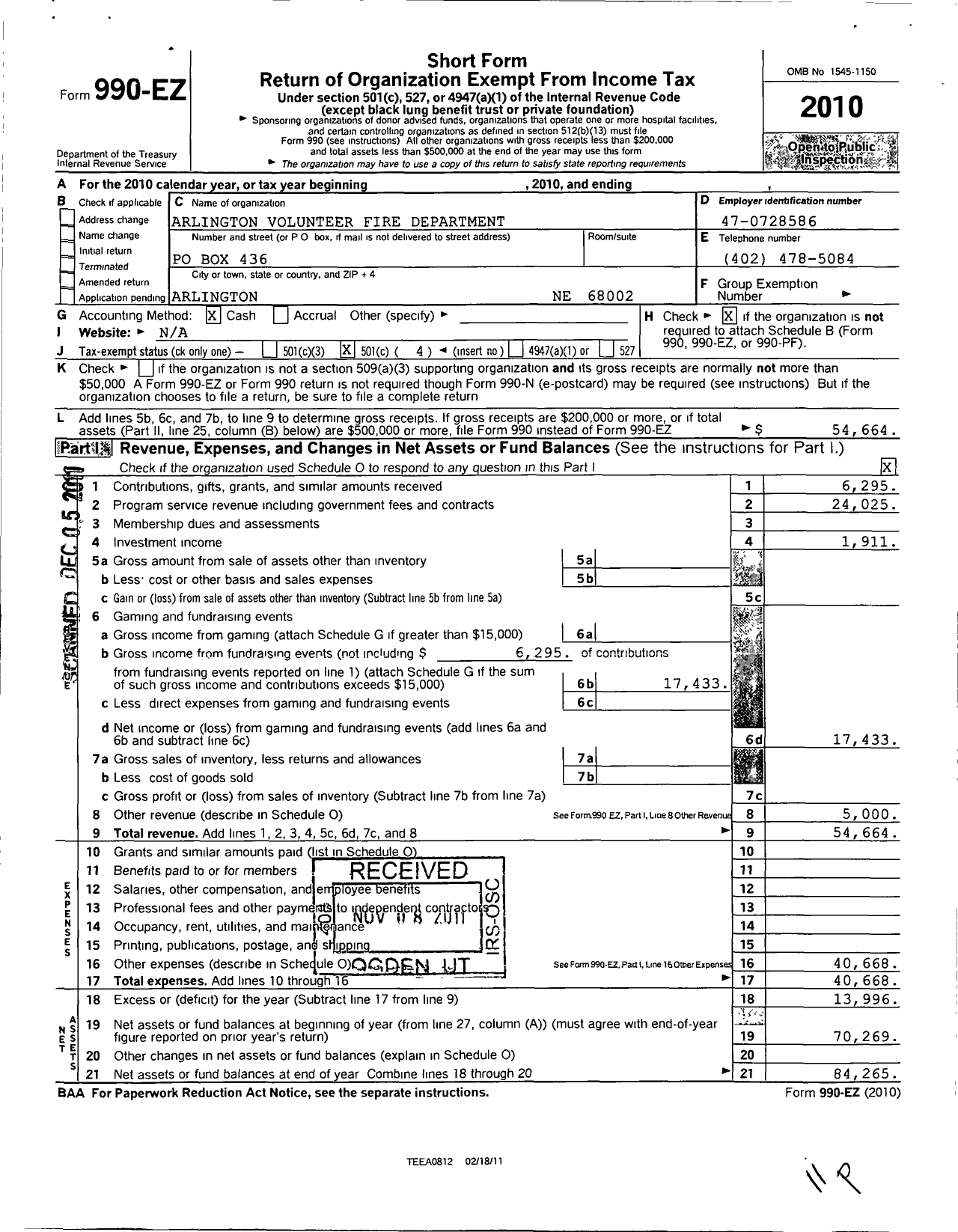 Image of first page of 2010 Form 990EO for Arlington Volunteer Fire Department