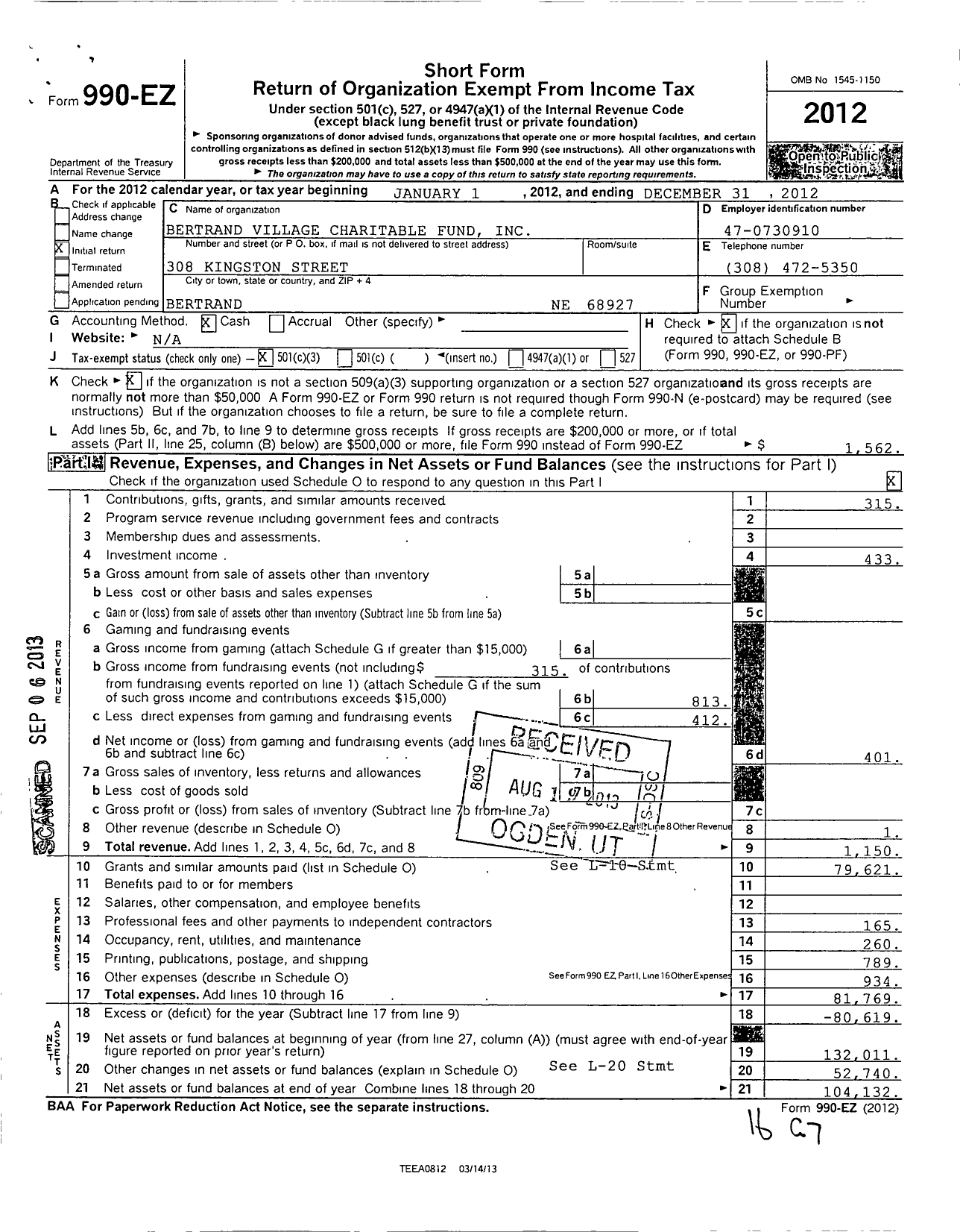 Image of first page of 2012 Form 990EZ for Bertrand Village Charitable Fund