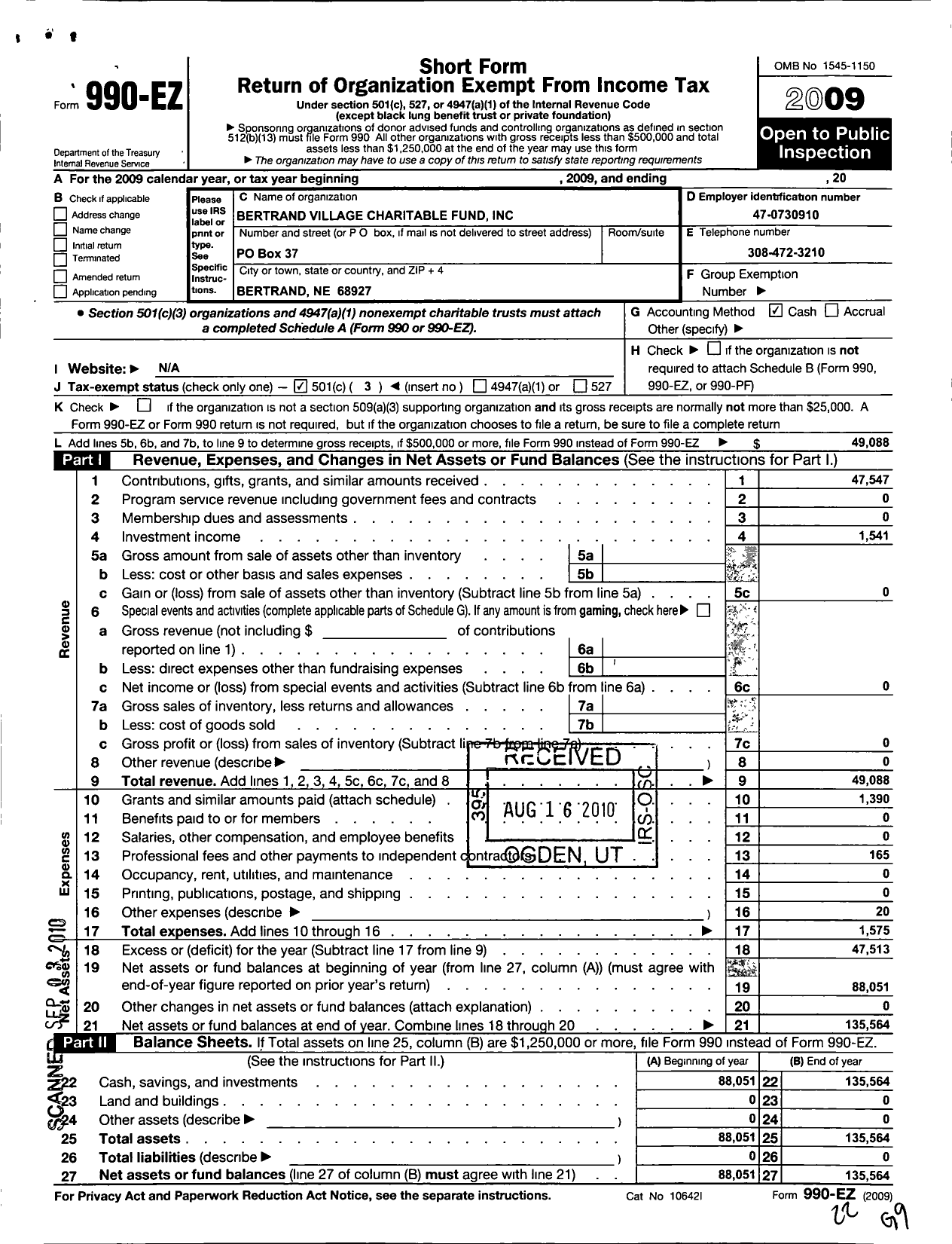 Image of first page of 2009 Form 990EZ for Bertrand Village Charitable Fund