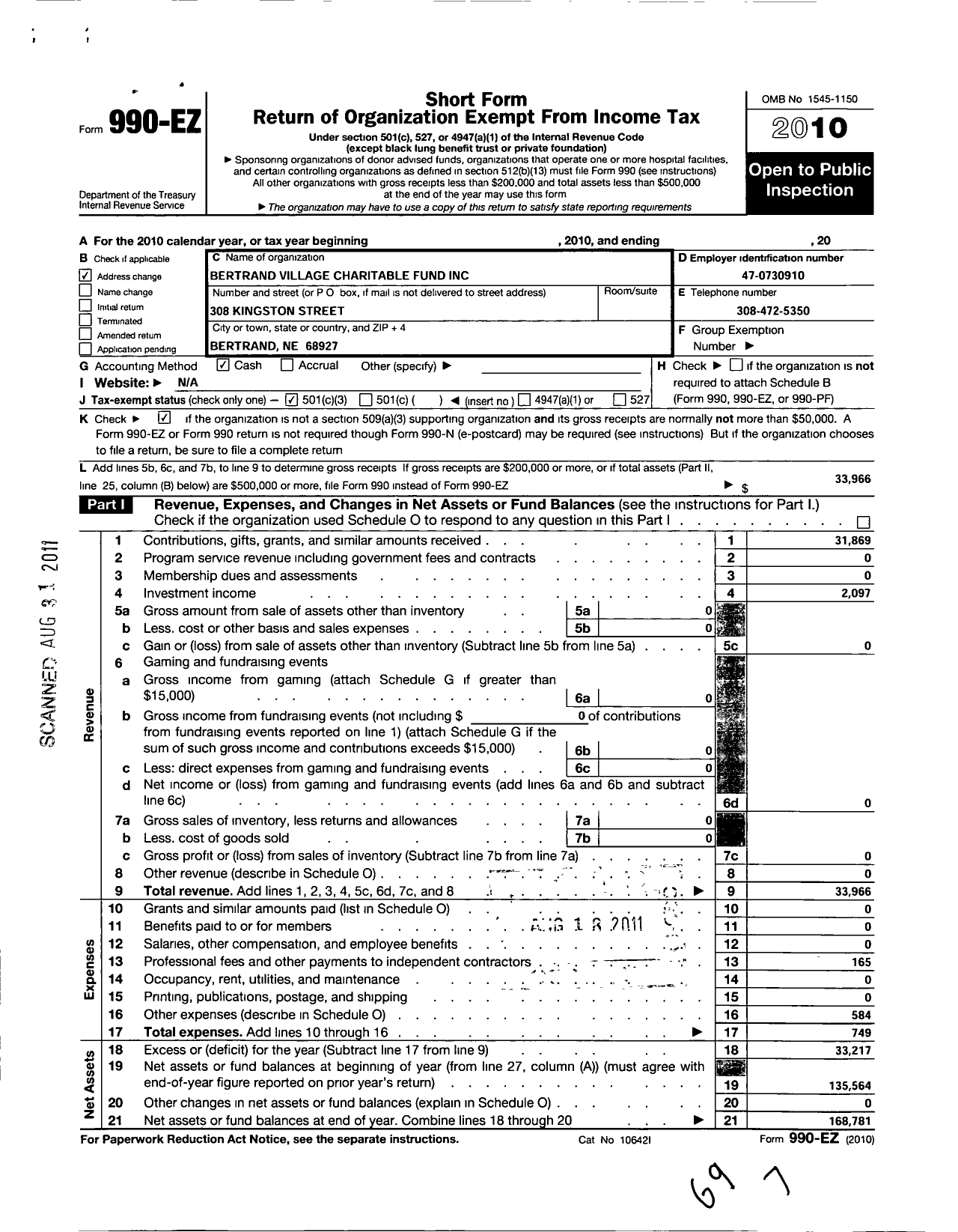 Image of first page of 2010 Form 990EZ for Bertrand Village Charitable Fund