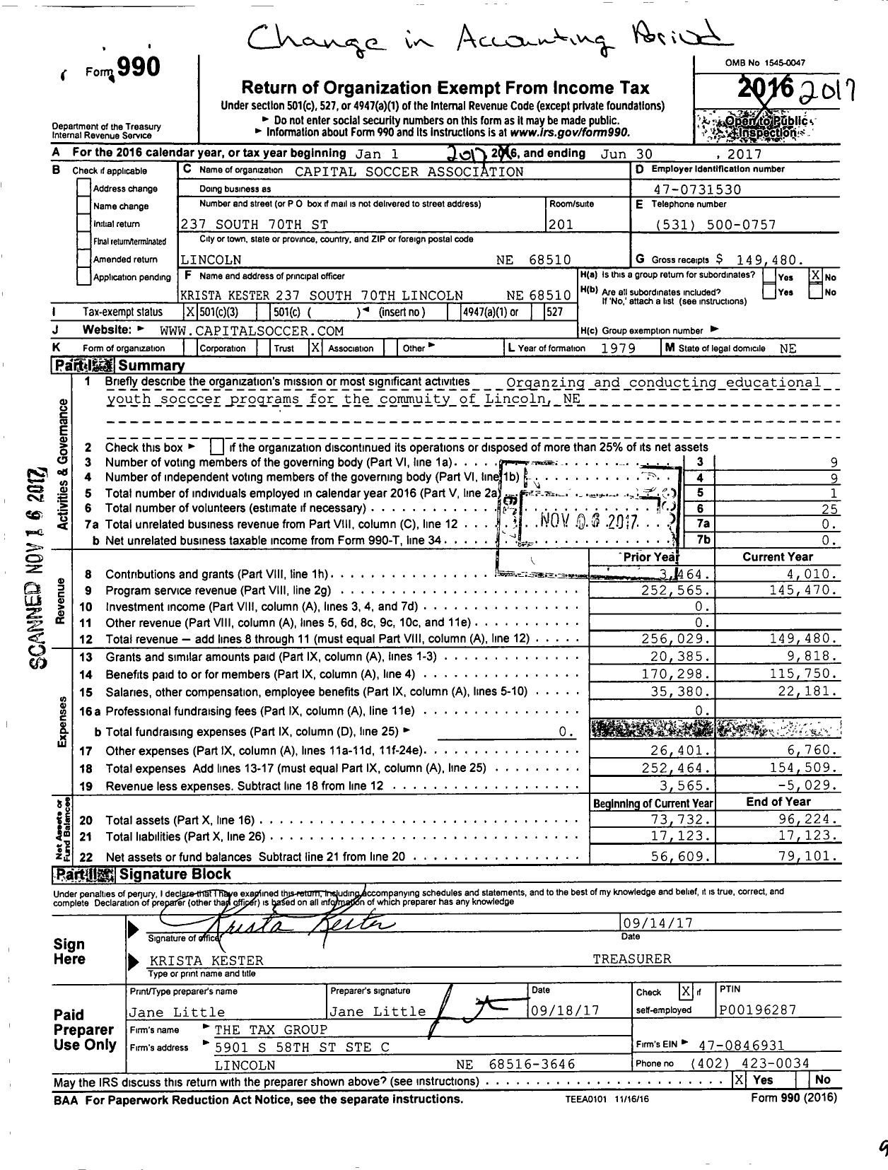 Image of first page of 2016 Form 990 for Capital Soccer Association