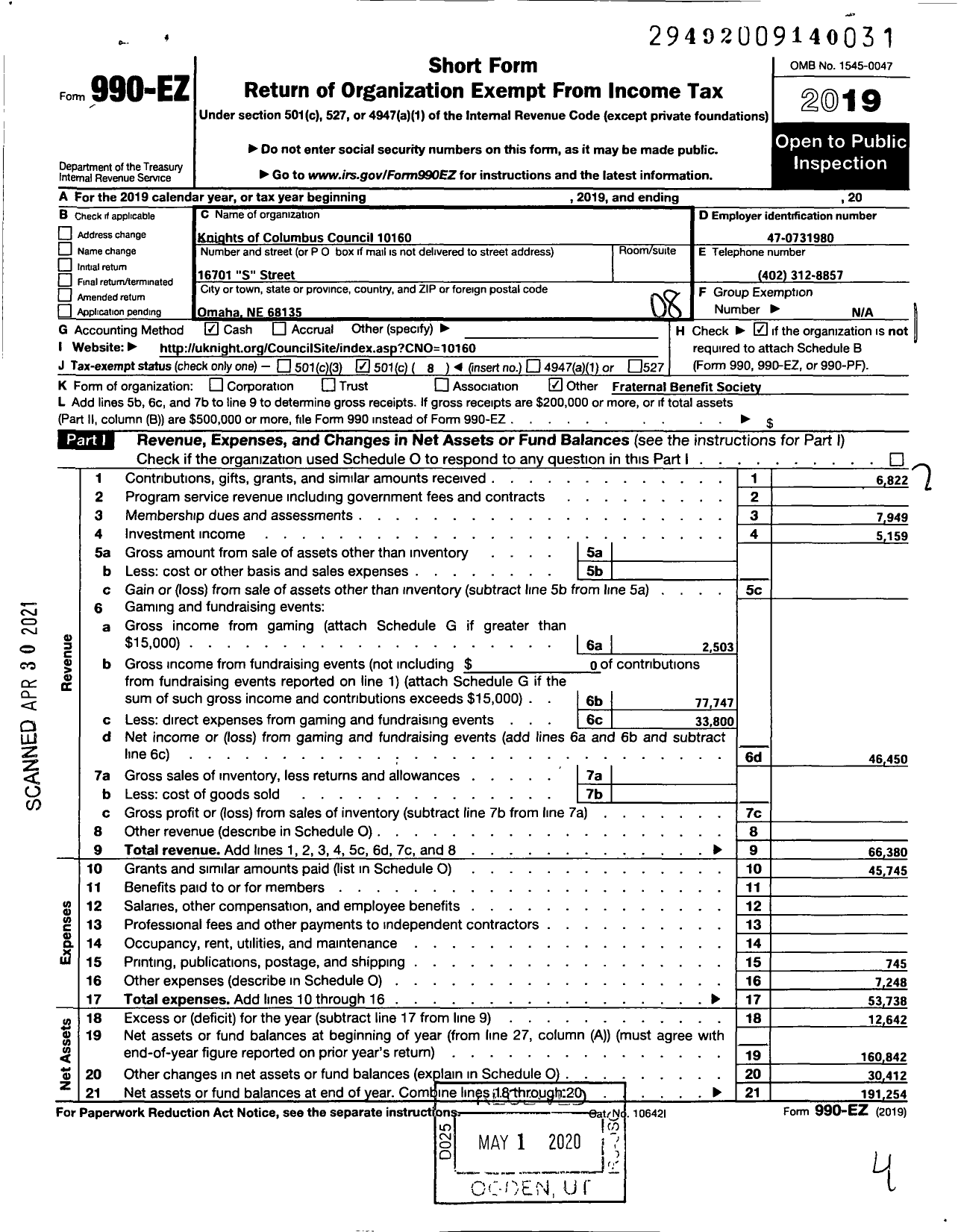 Image of first page of 2019 Form 990EO for Knights of Columbus - 10160 St Stephen the Martyr Council