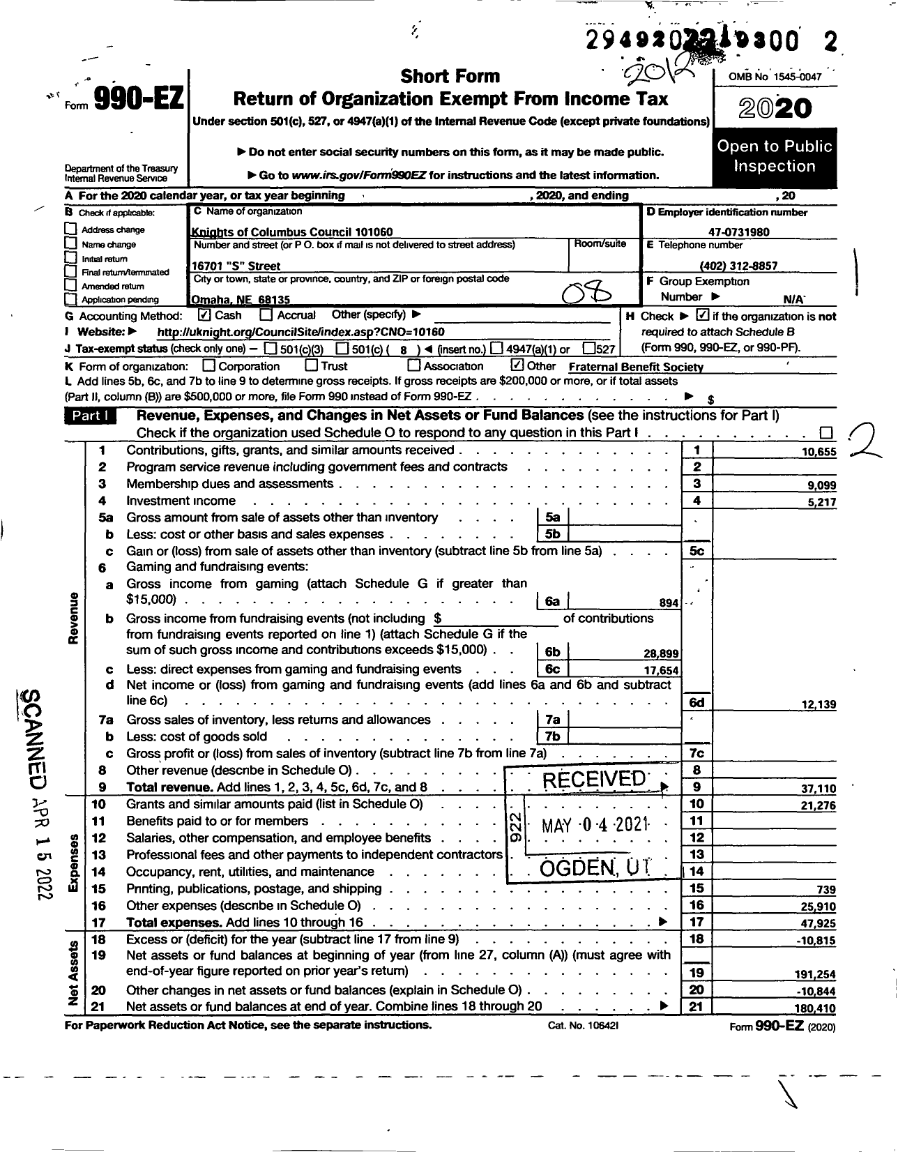 Image of first page of 2020 Form 990EO for Knights of Columbus - 10160 St Stephen the Martyr Council