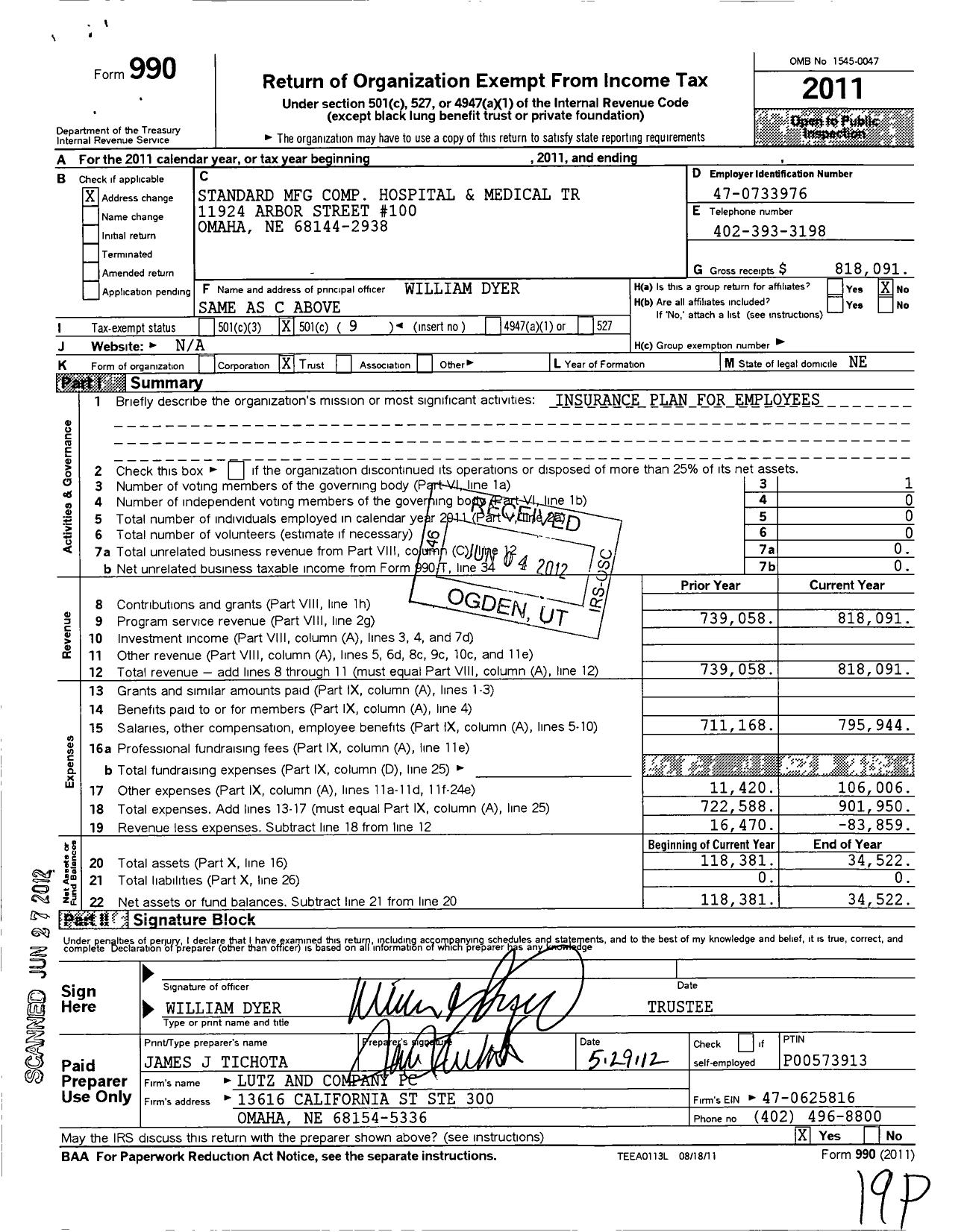Image of first page of 2011 Form 990O for Standard MFG Comp Hospital and Medical Trust