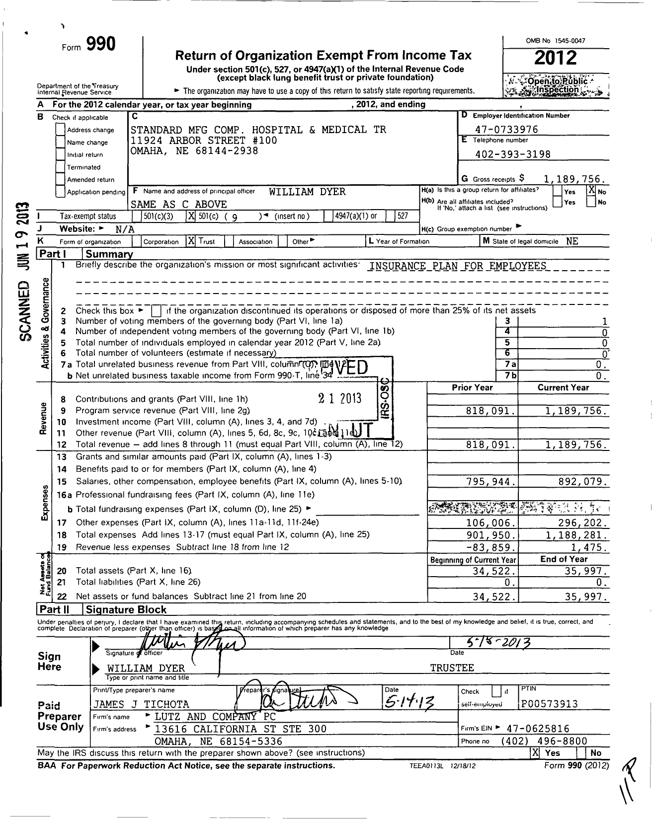 Image of first page of 2012 Form 990O for Standard MFG Comp Hospital and Medical Trust