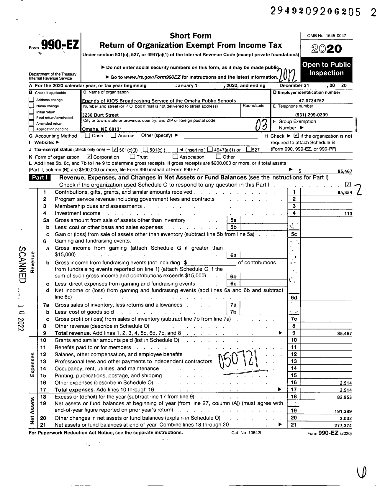 Image of first page of 2020 Form 990EZ for Friends of KIOS Broadcasting Service of the Omaha Public Schools