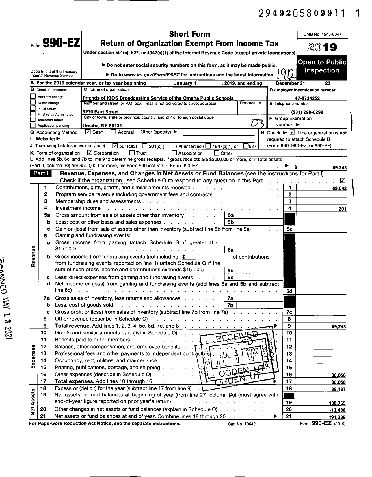 Image of first page of 2019 Form 990EZ for Friends of KIOS Broadcasting Service of the Omaha Public Schools