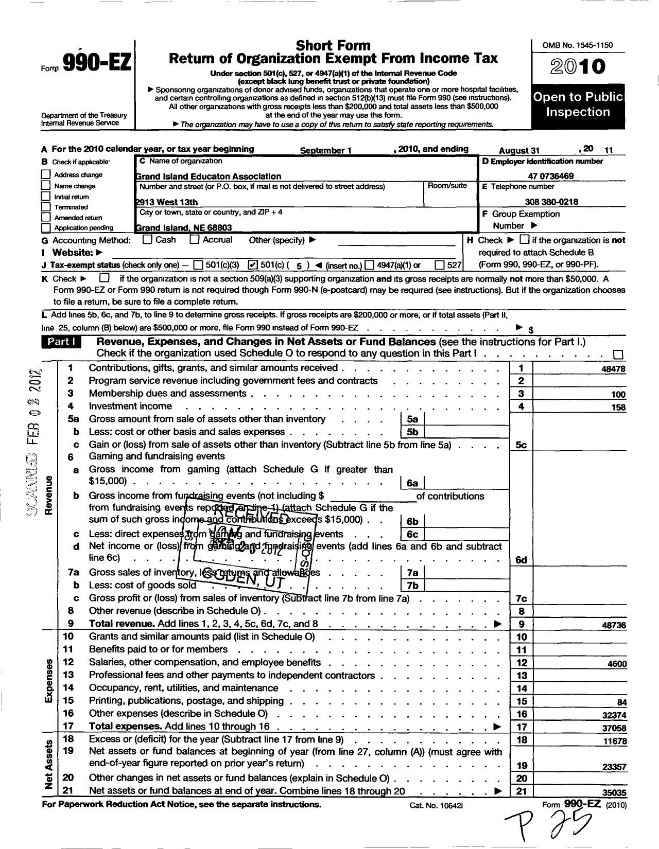 Image of first page of 2010 Form 990EO for Nebraska State Education Association