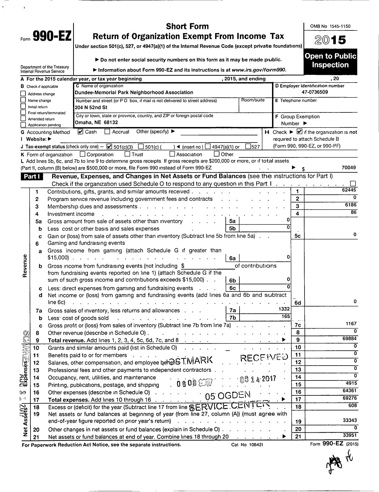 Image of first page of 2015 Form 990EZ for Dundee Memorial Park Neighborhood Association