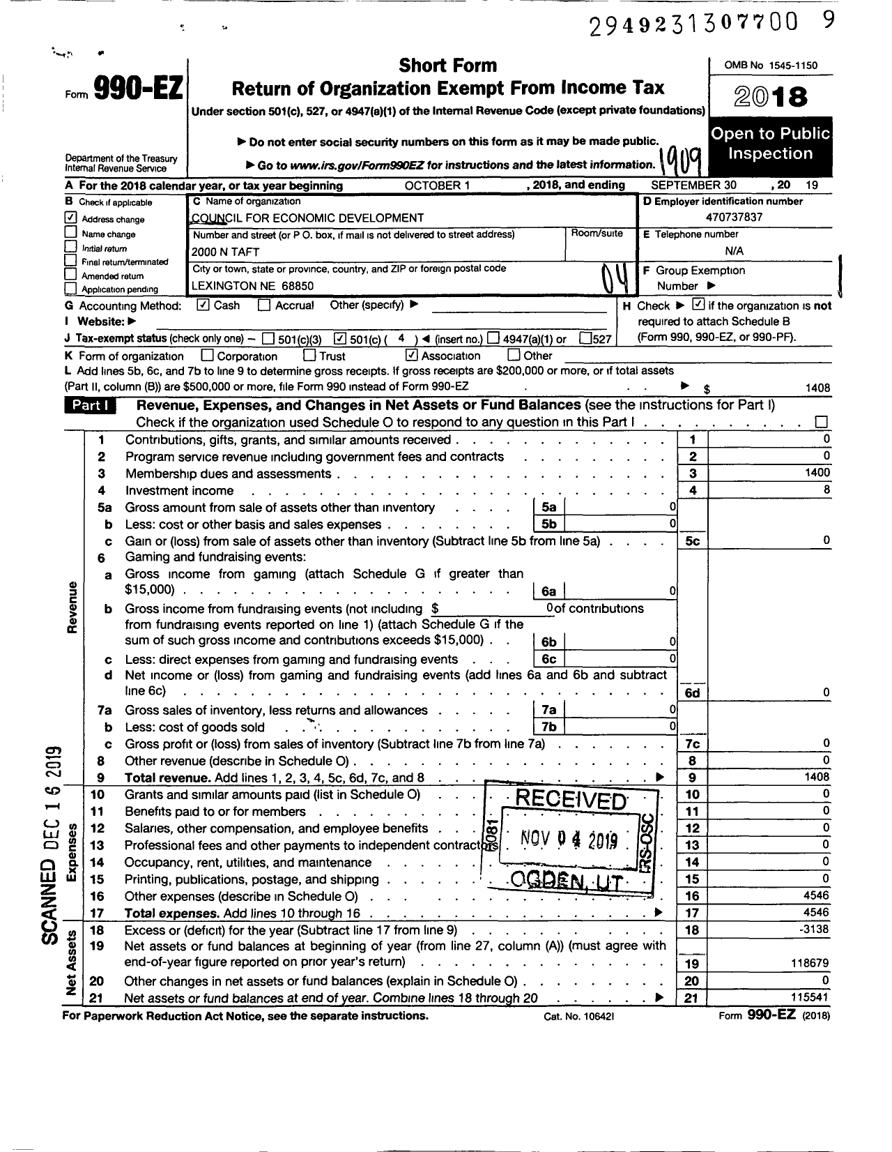 Image of first page of 2018 Form 990EO for Council for Economic Development