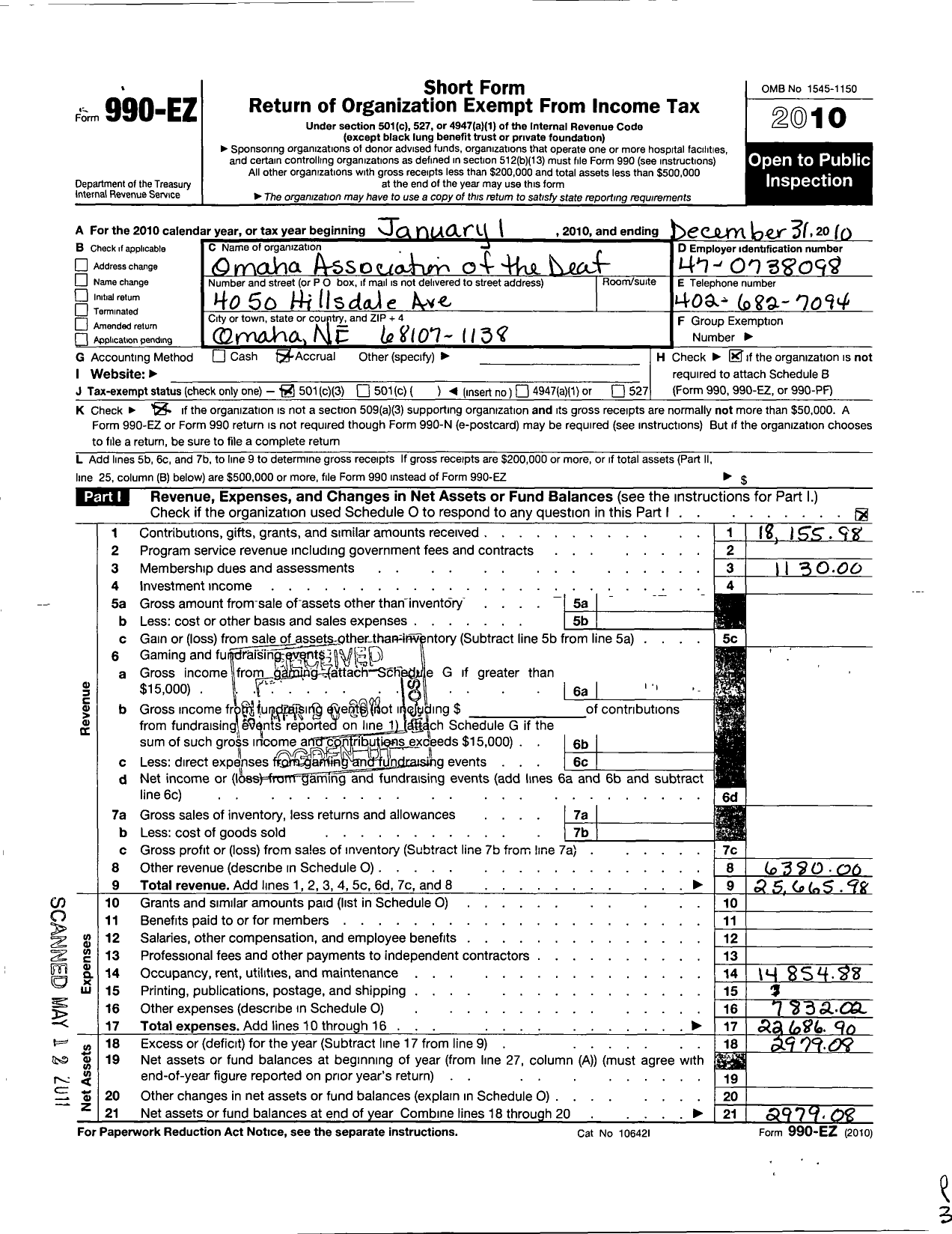 Image of first page of 2010 Form 990EZ for Omaha Association of the Deaf