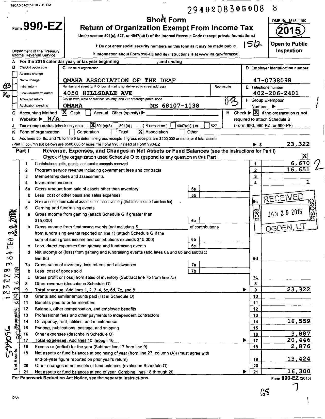 Image of first page of 2015 Form 990EZ for Omaha Association of the Deaf