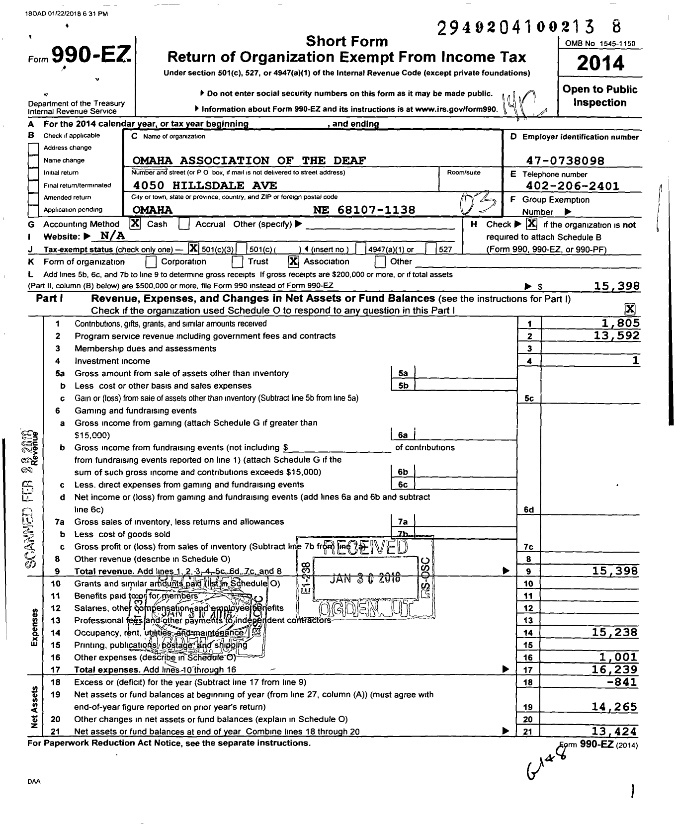 Image of first page of 2014 Form 990EZ for Omaha Association of the Deaf