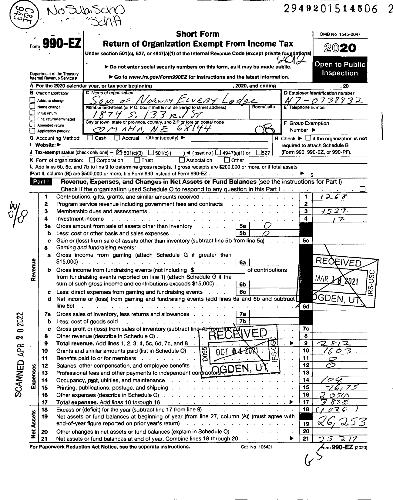 Image of first page of 2020 Form 990EO for Sons of Norway - 1-604 Elveby