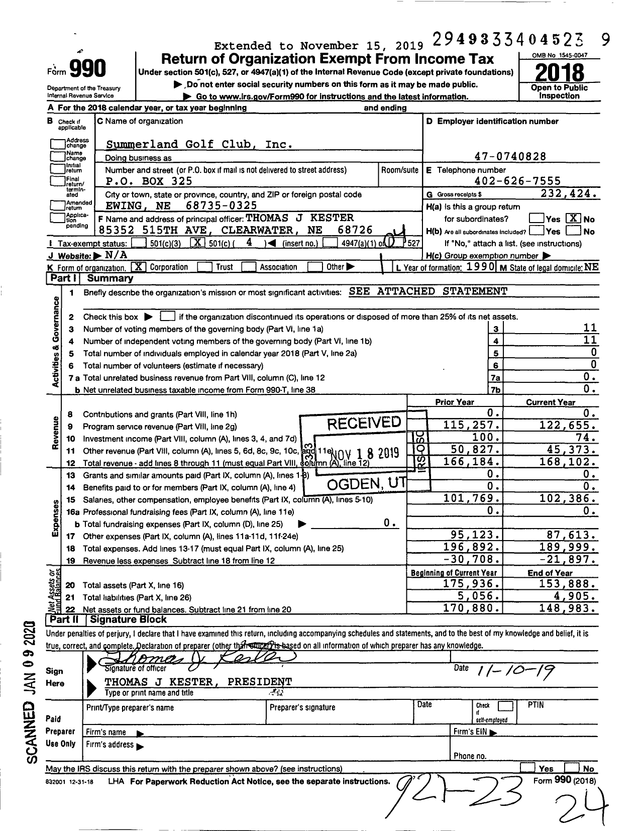 Image of first page of 2018 Form 990O for Summerland Golf Club