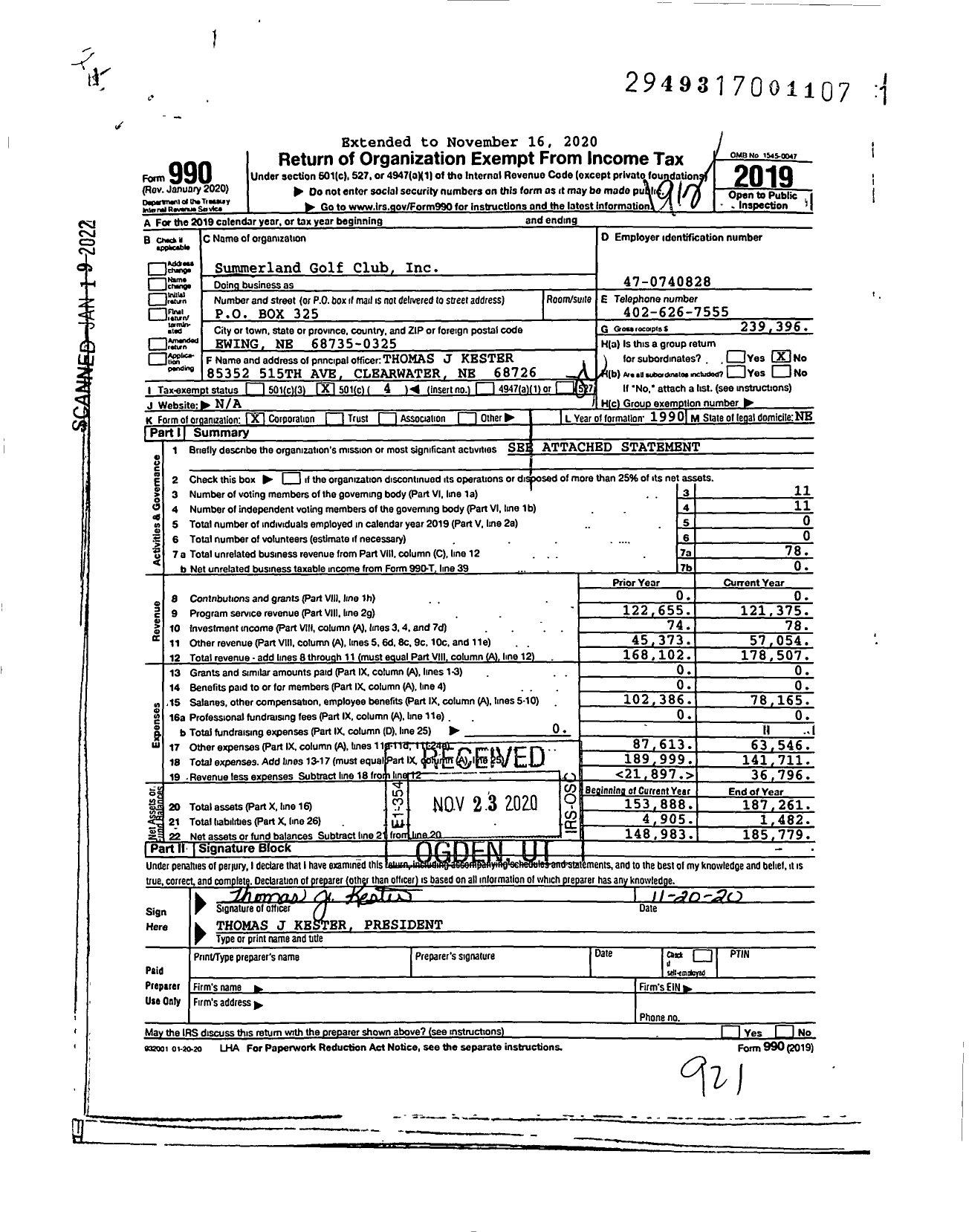 Image of first page of 2019 Form 990O for Summerland Golf Club