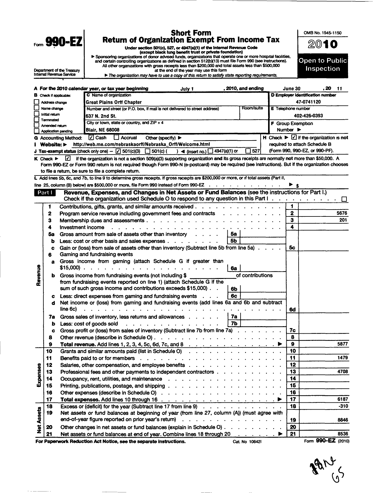 Image of first page of 2010 Form 990EZ for American Orff-Schulwerk Association / Great Plains Orff Chapter