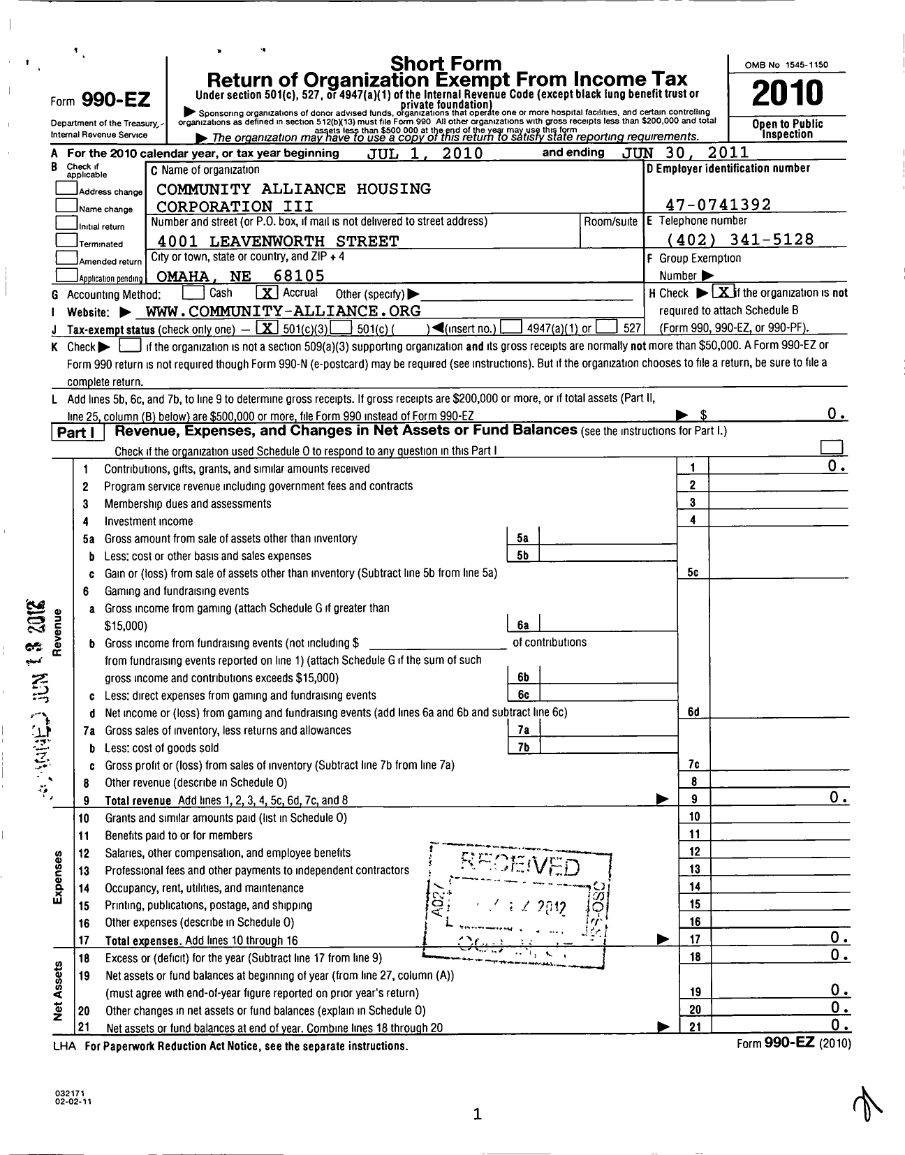 Image of first page of 2010 Form 990EZ for Community Alliance Housing Corporation Iii