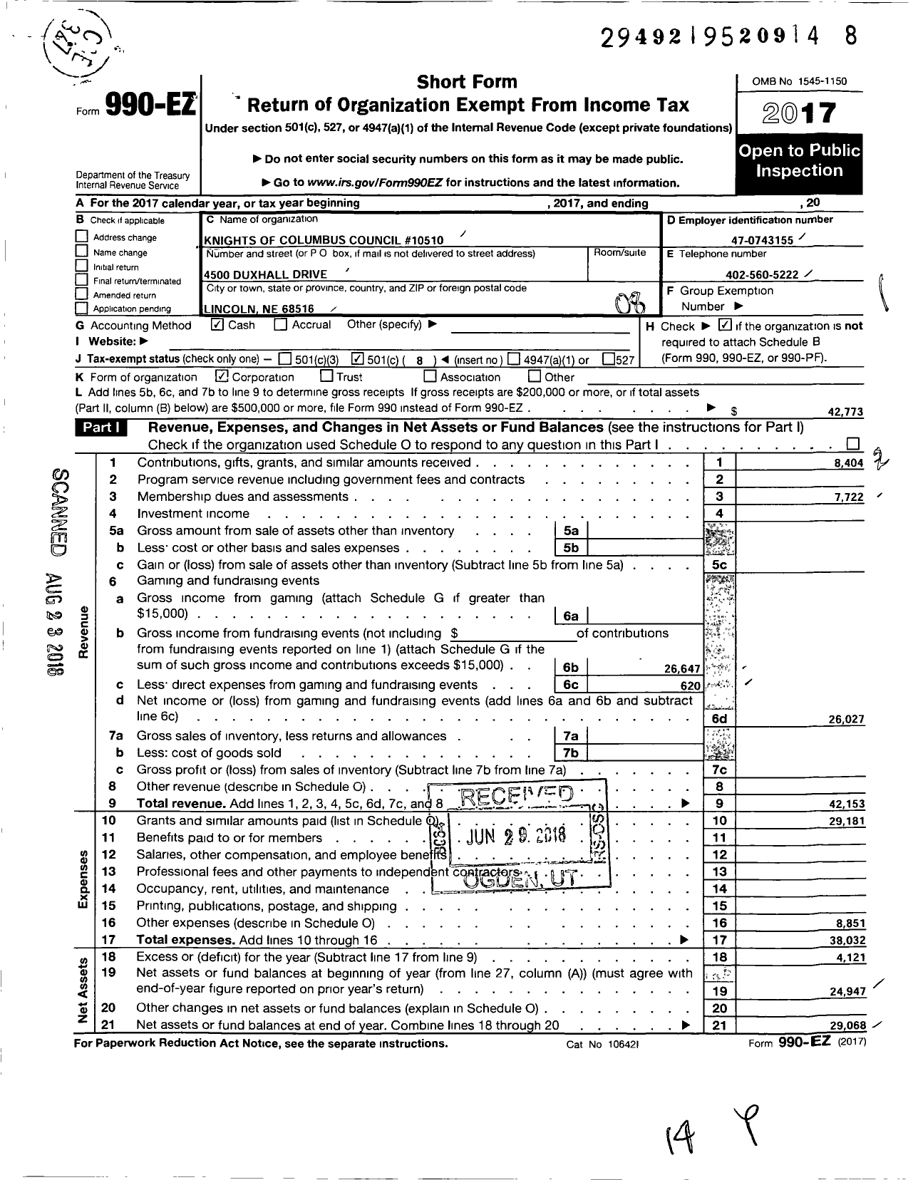 Image of first page of 2017 Form 990EO for Knights of Columbus - 10510 Saint Peter Council