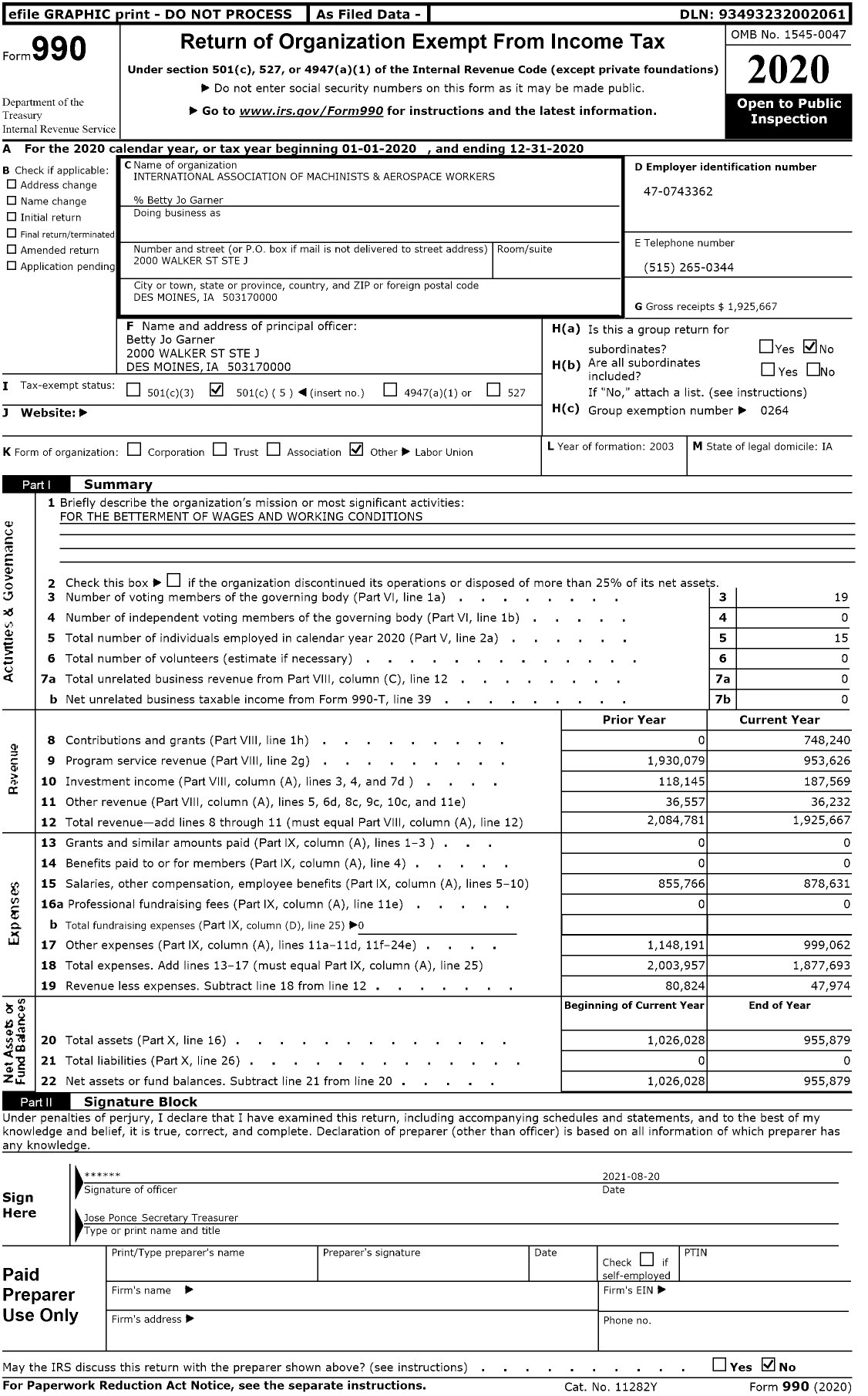 Image of first page of 2020 Form 990O for International Association of Machinists and Aerospace Workers - 6 District