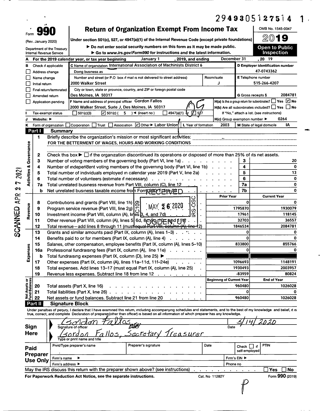 Image of first page of 2019 Form 990O for International Association of Machinists and Aerospace Workers - 6 District