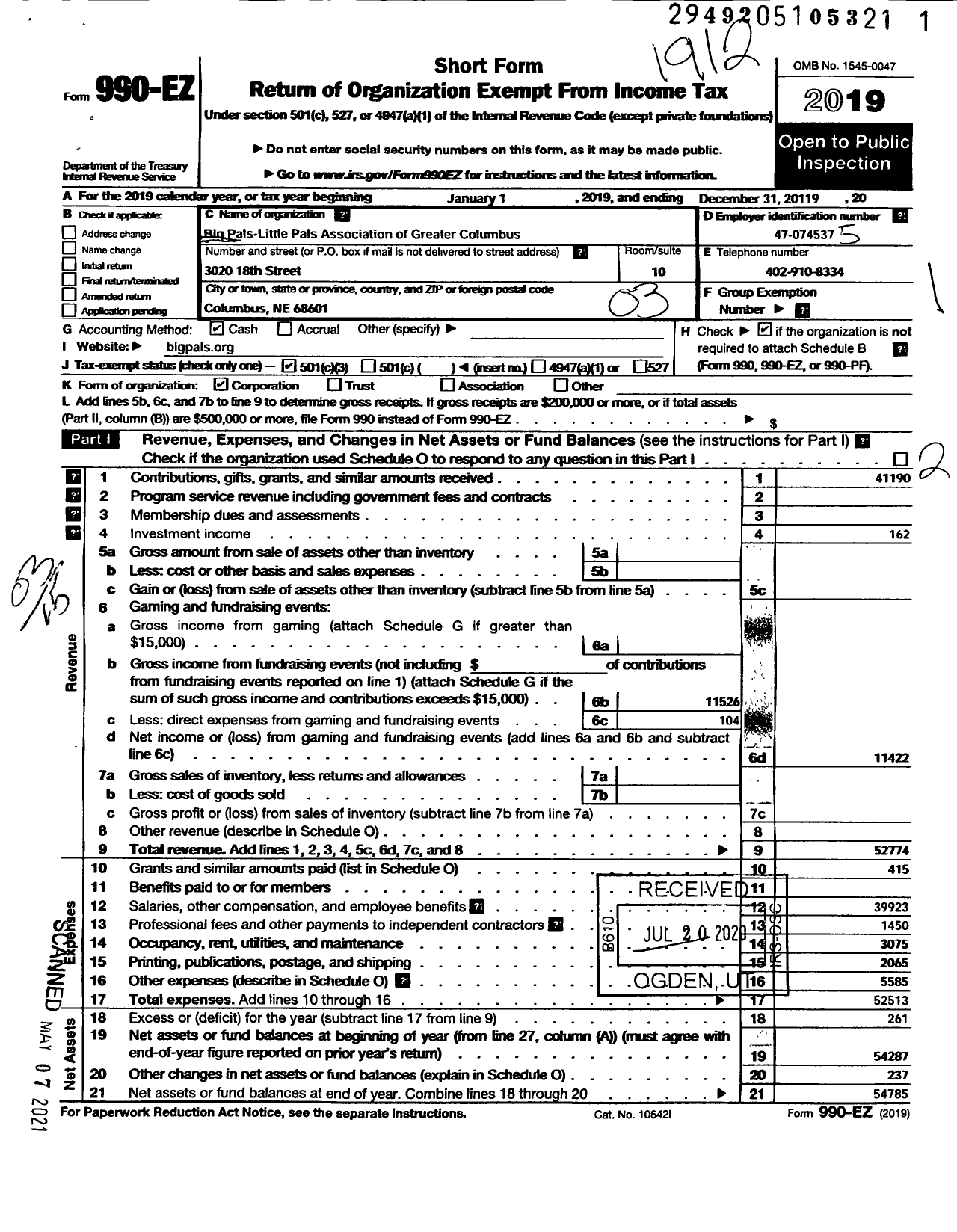 Image of first page of 2019 Form 990EZ for Big Pals-Little Pals Association of Greater Columbus