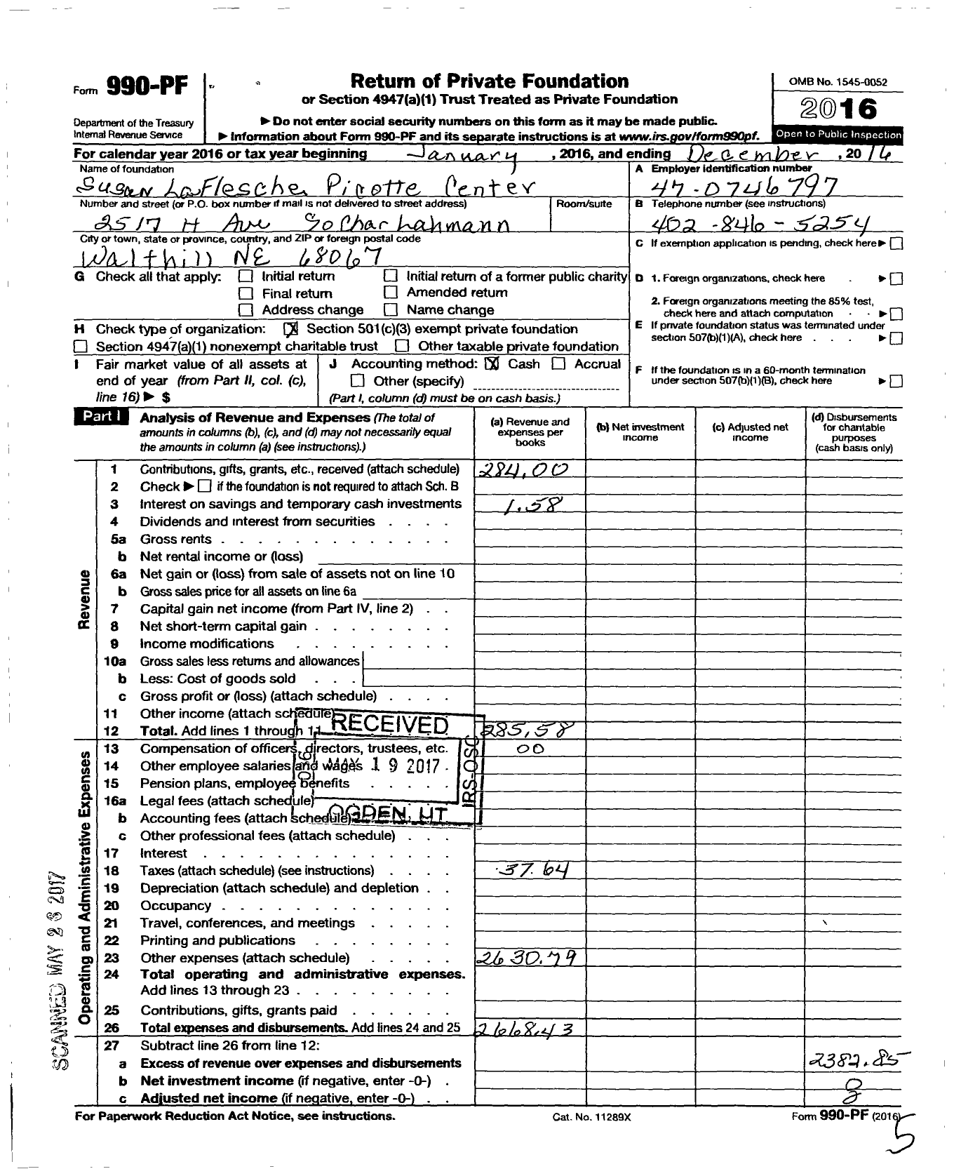 Image of first page of 2016 Form 990PF for Susan Laflesche Picotte Center