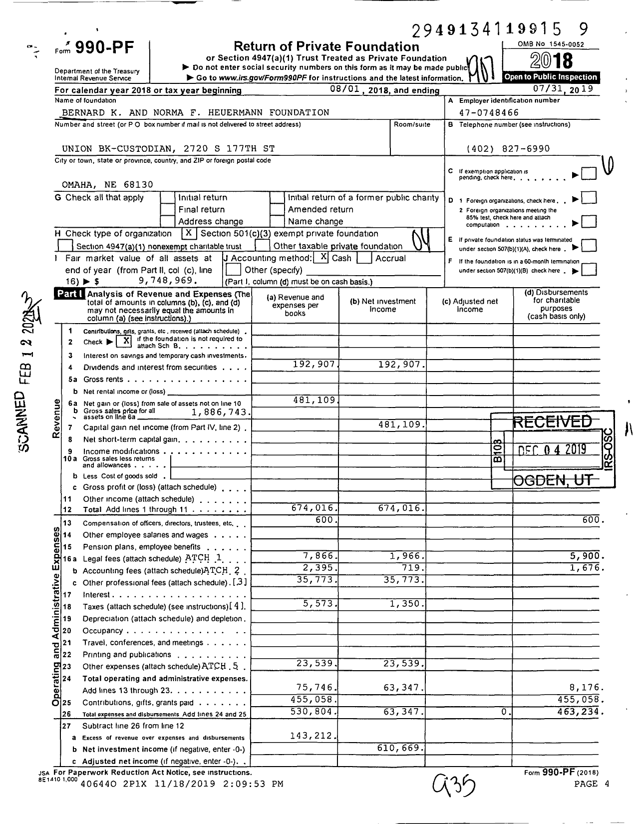 Image of first page of 2018 Form 990PF for Bernard K and Norma F Heuermann Foundation