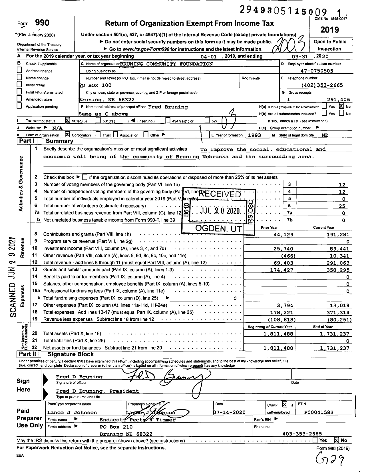 Image of first page of 2019 Form 990 for Bruning Community Foundation