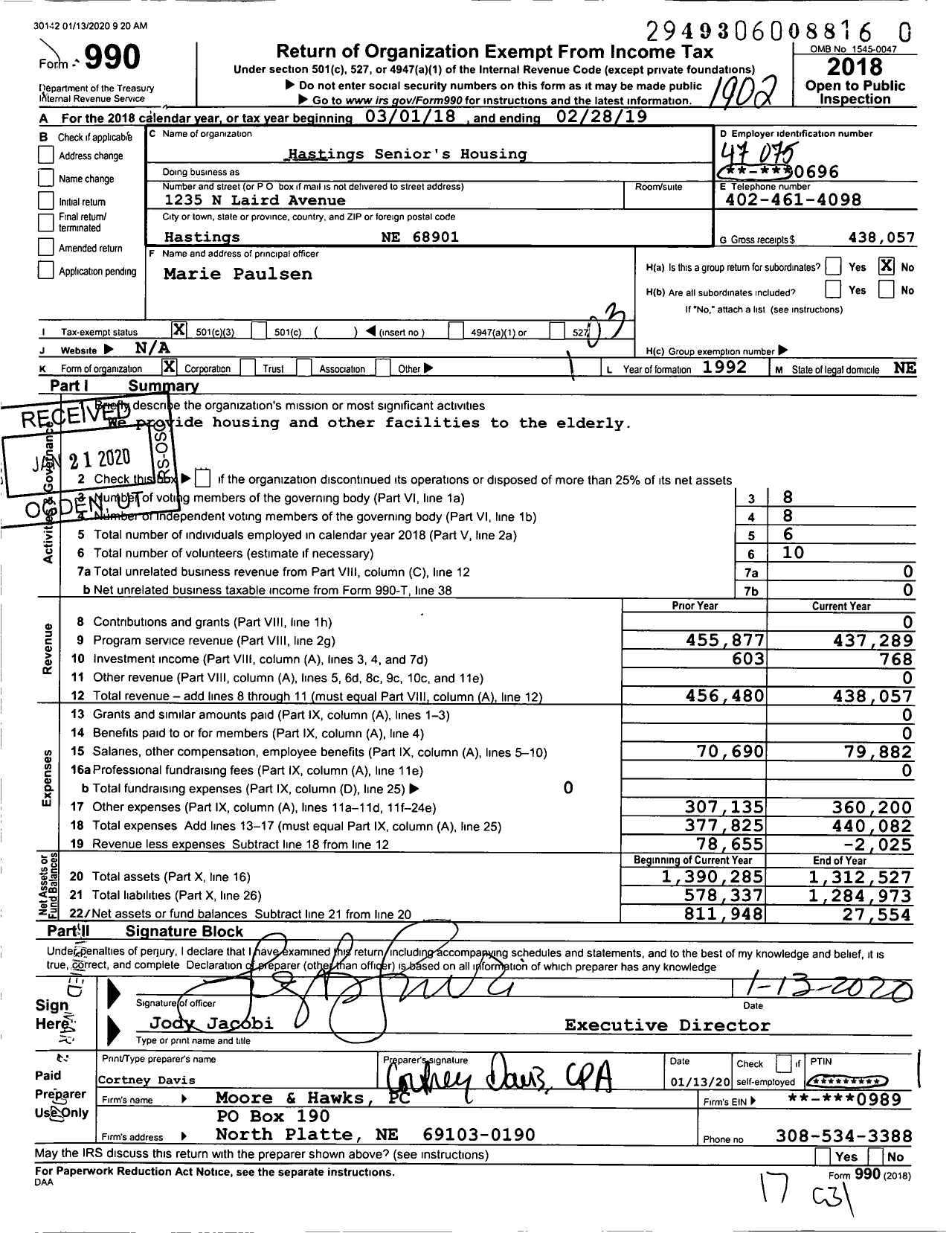 Image of first page of 2018 Form 990 for Hastings Senior's Housing